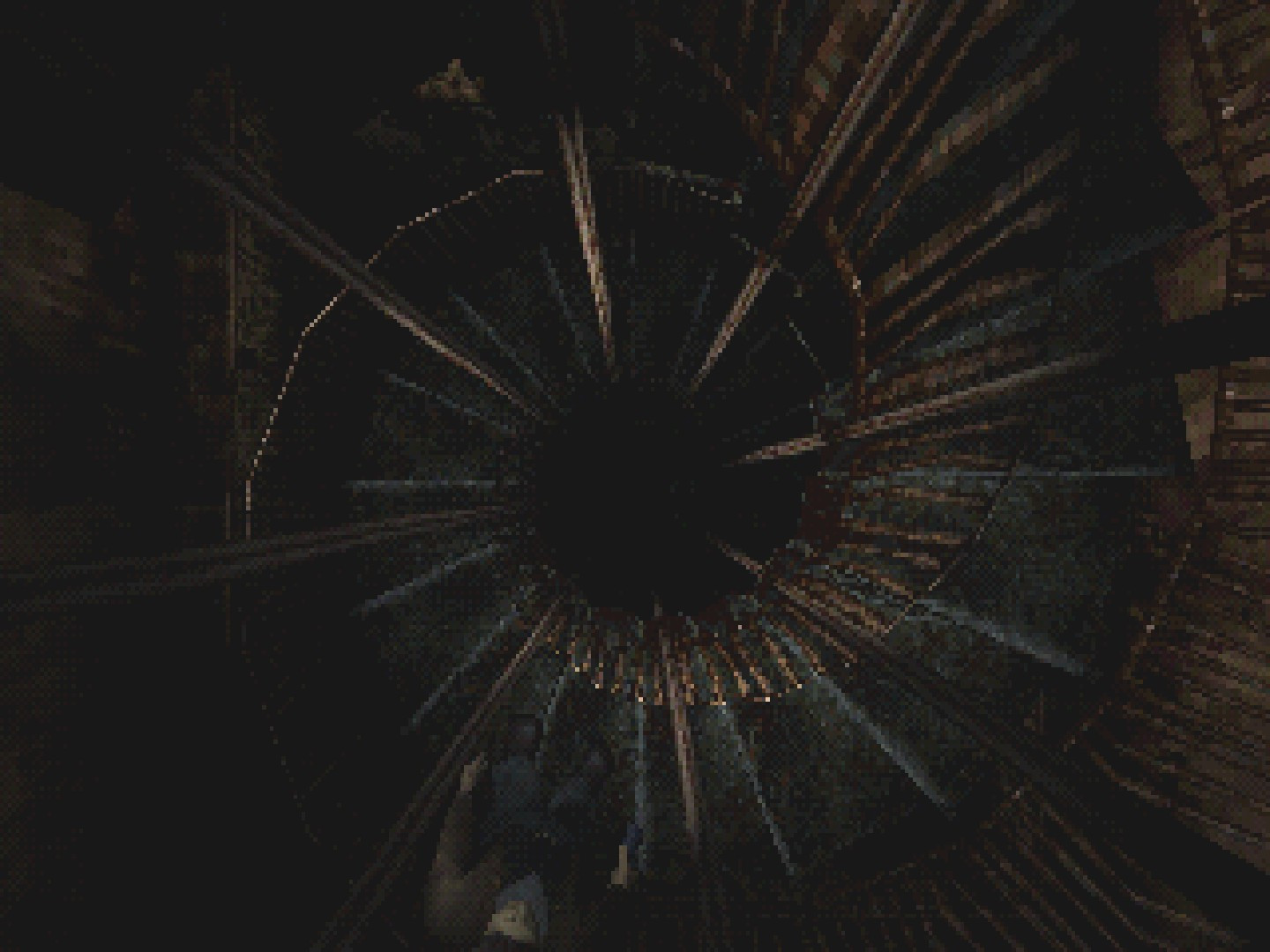 A rusty spiral staircase descending into darkness.