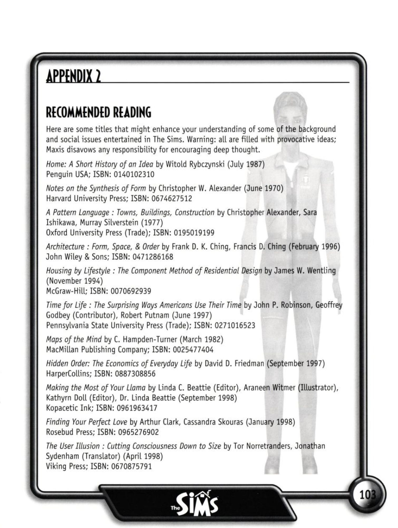 A page from the manual for The Sims with a list of books to 'enhance your understanding of some of the background and social issues entertained in' the game.