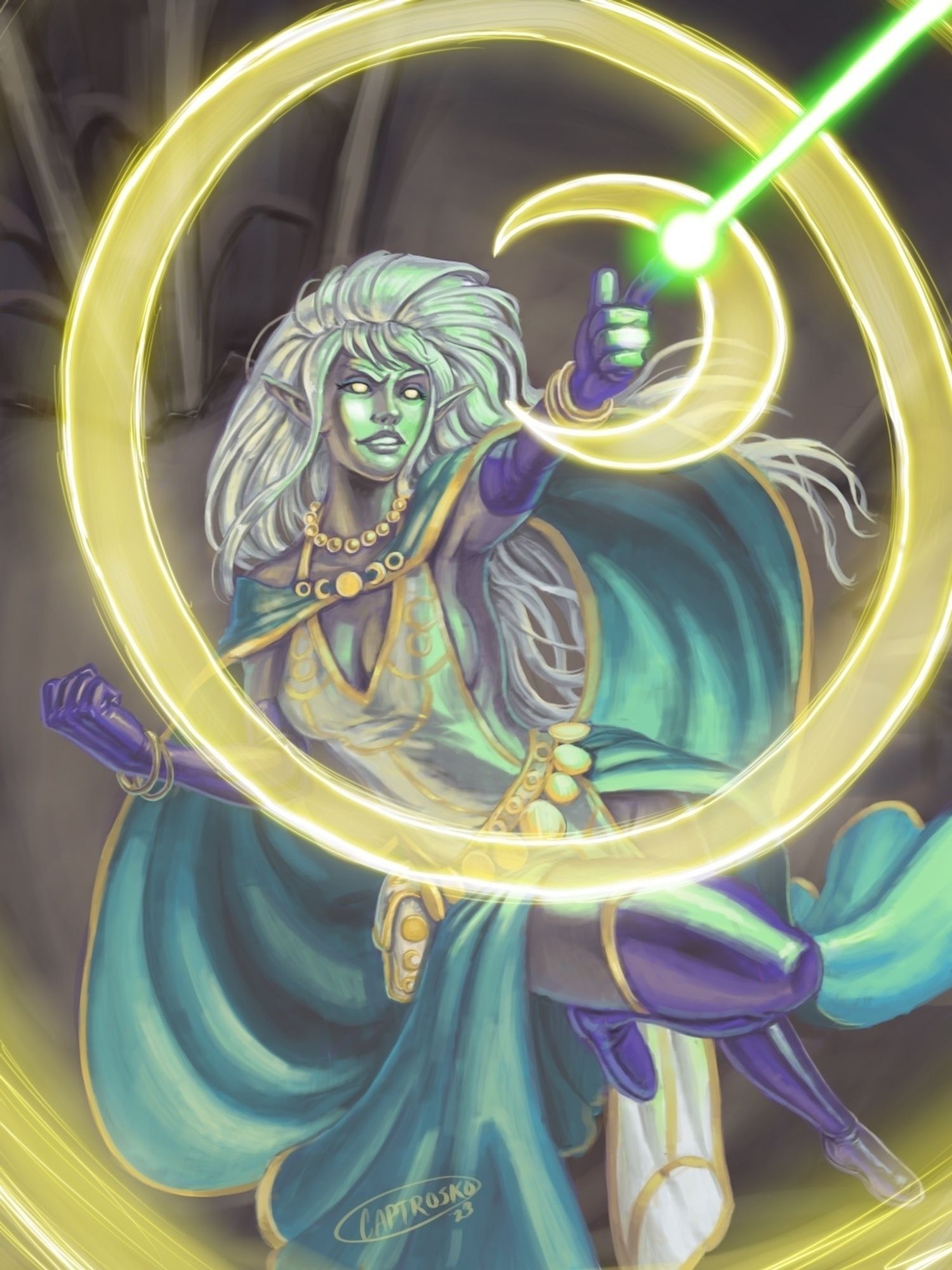 A Drow woman firing a green beam from her index finger while flying above the ground.  She has long silver hair, yellow eyes, and wears a cyan crescent moon shaped shall, white and cyan dress with gold trim, and purple gloves and boots