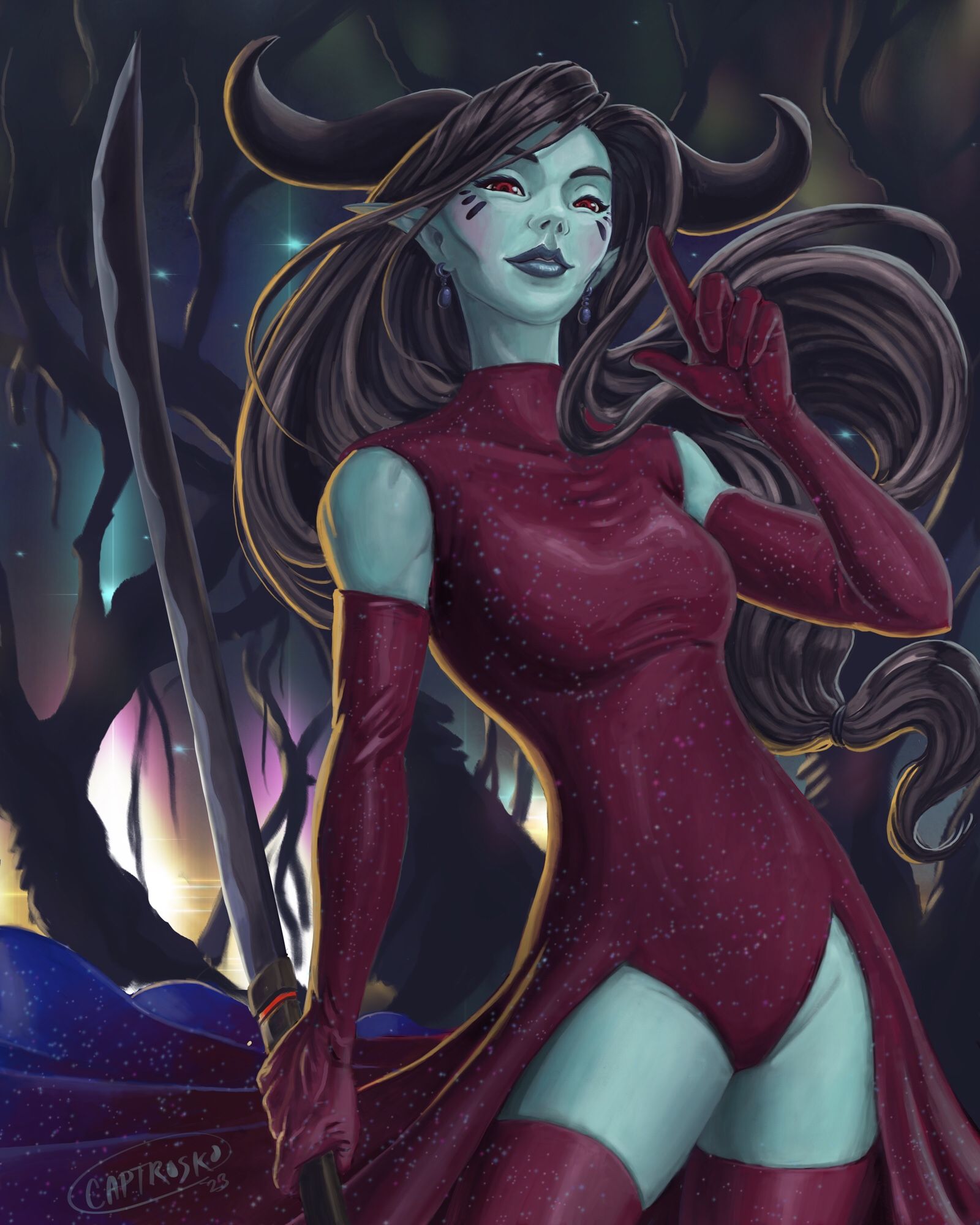 A teal skinned Tiefling in maroon one piece/dress that blends into a deep blue, long gloves, and thigh high boots wielding a katana in a reverse grip.  She has bull like horns on the sides of her head, and long brown hair that billows around her.  She smiles confidently pointing a finger daring you to fight.  Behind her is a twilight forest landscape that blends into a starry nebulous sky.