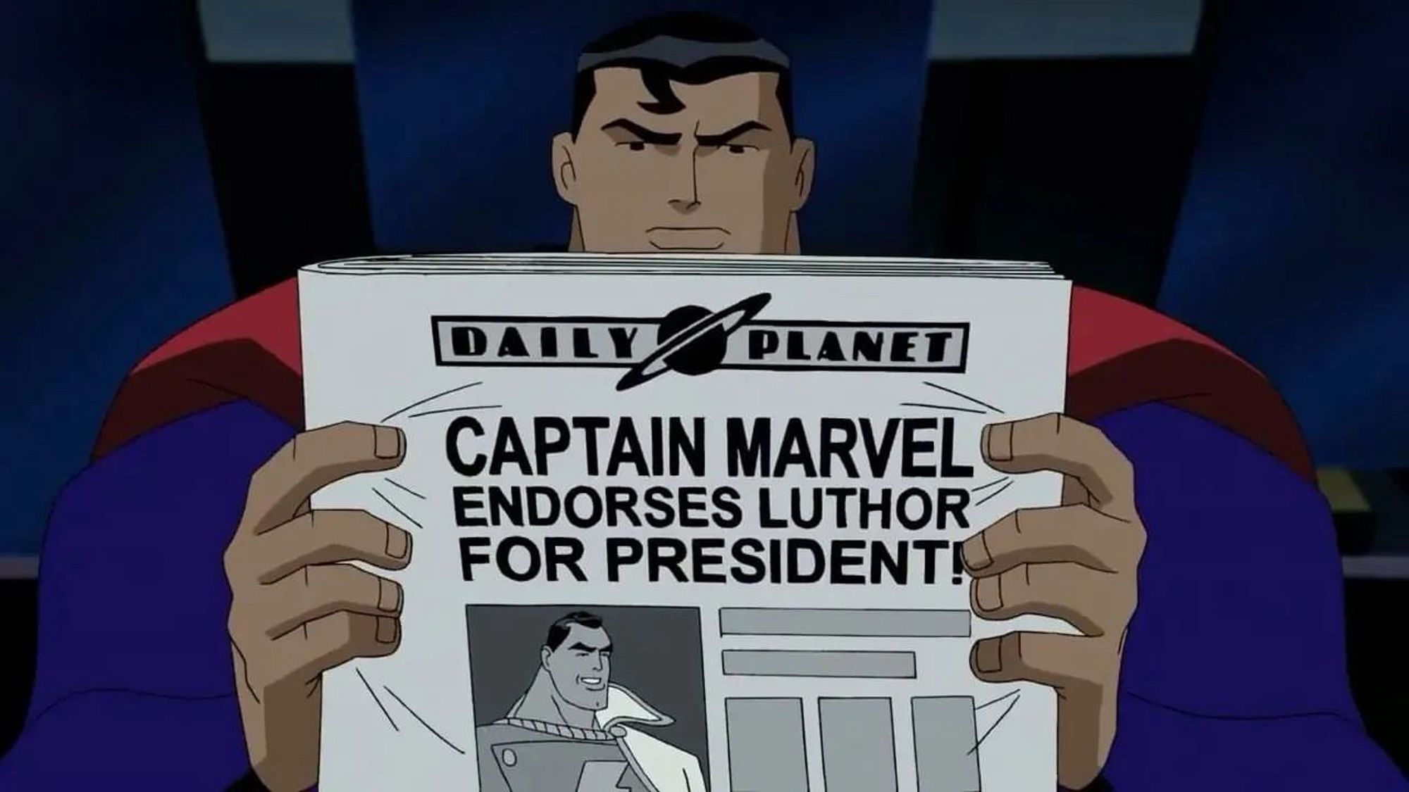 An animated character holds a newspaper titled "DAILY PLANET," featuring the headline "CAPTAIN MARVEL ENDORSES LUTHOR FOR PRESIDENT!" The character has a serious expression and is wearing a costume with a cape.