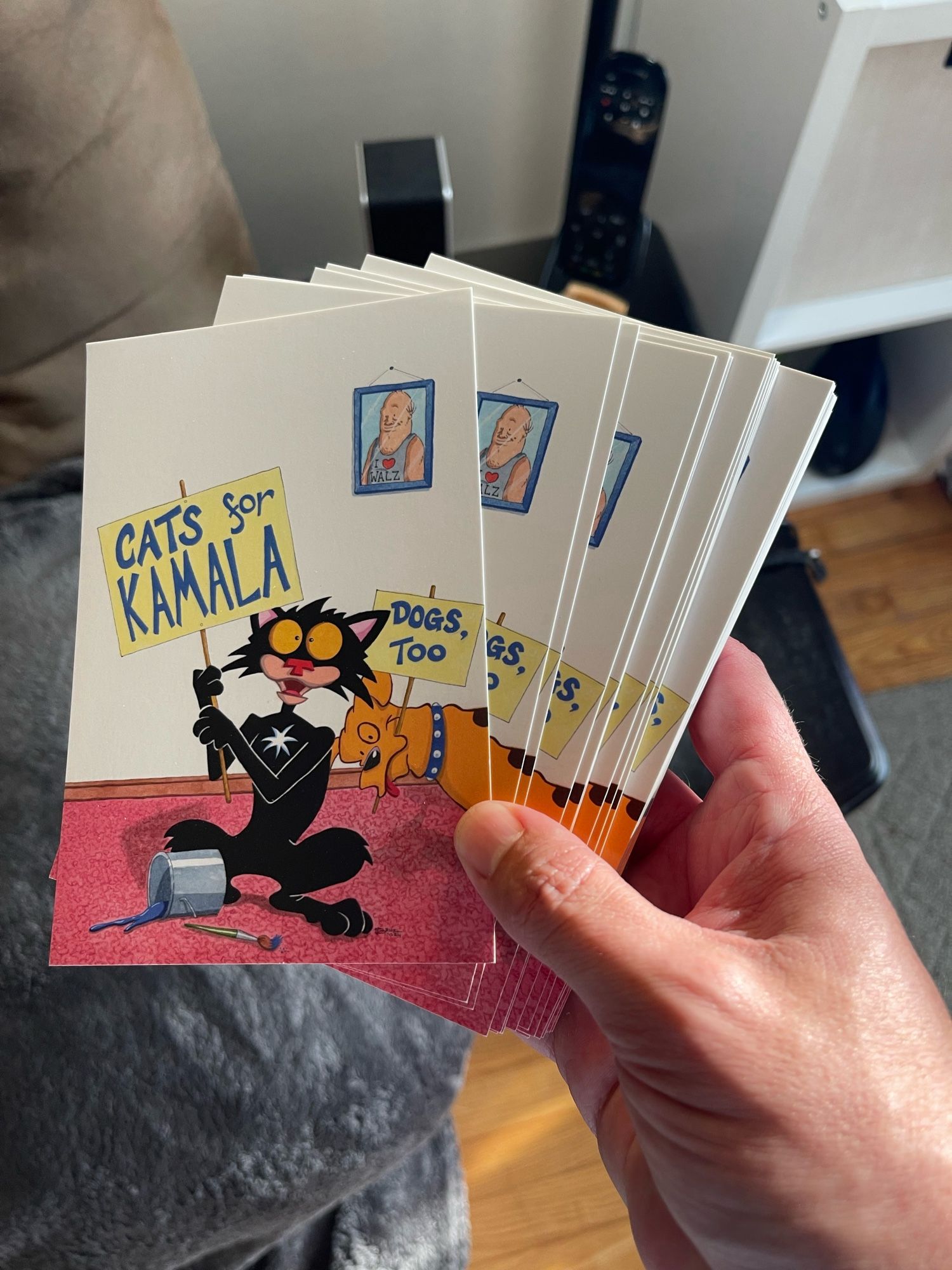 A hand holding multiple illustrated cards featuring a black cat and a dog, with signs that read "Cats for Kamala" and "Dogs, too." The background includes a rug and a wall with framed pictures.