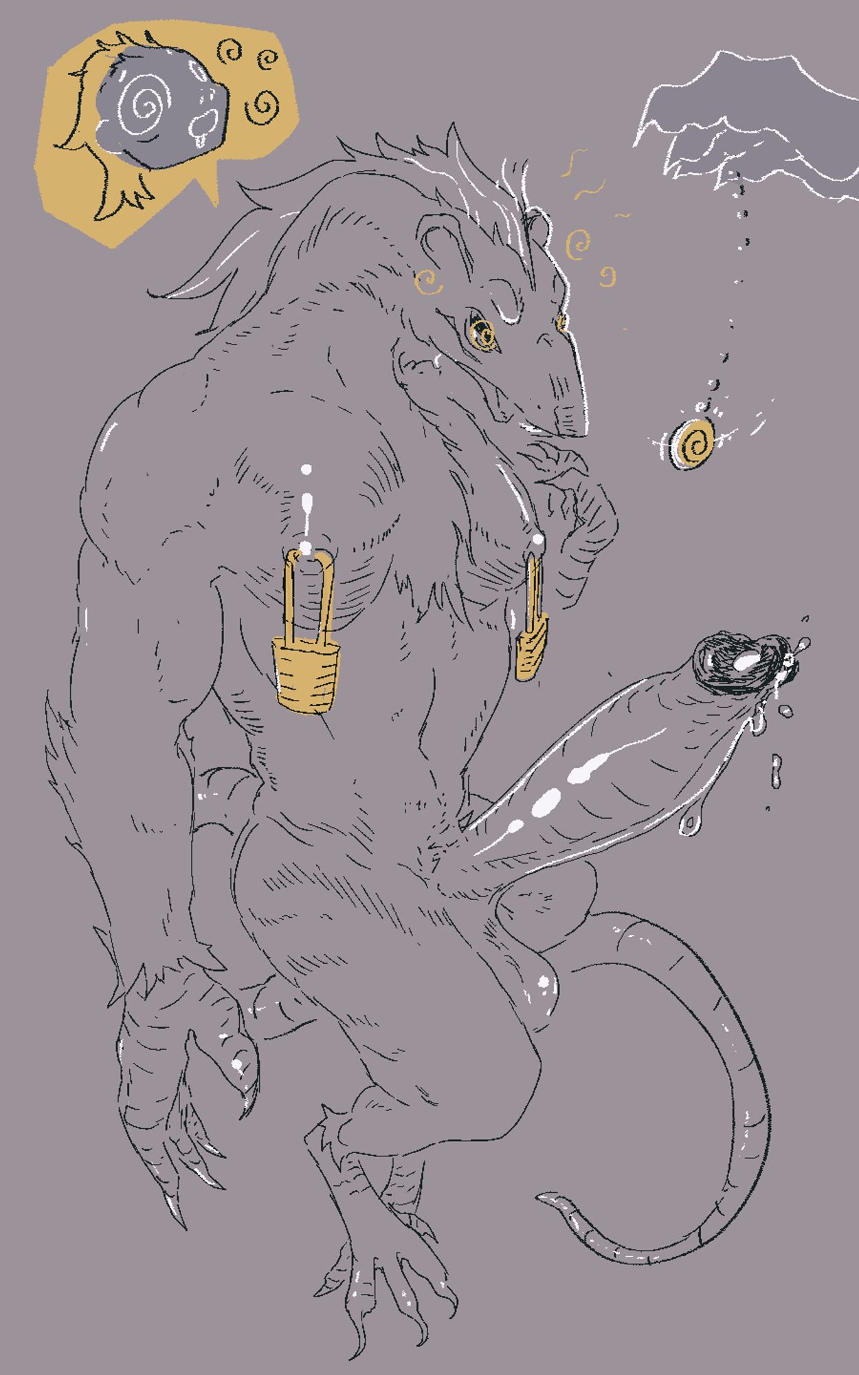 A rat leaning back and watching a pocketwatch, their hypnosis solid post-transformation. A popout reveals their original form, and their nipples are pierced and heavy with padlock jewelry. Art by KoboldOrion