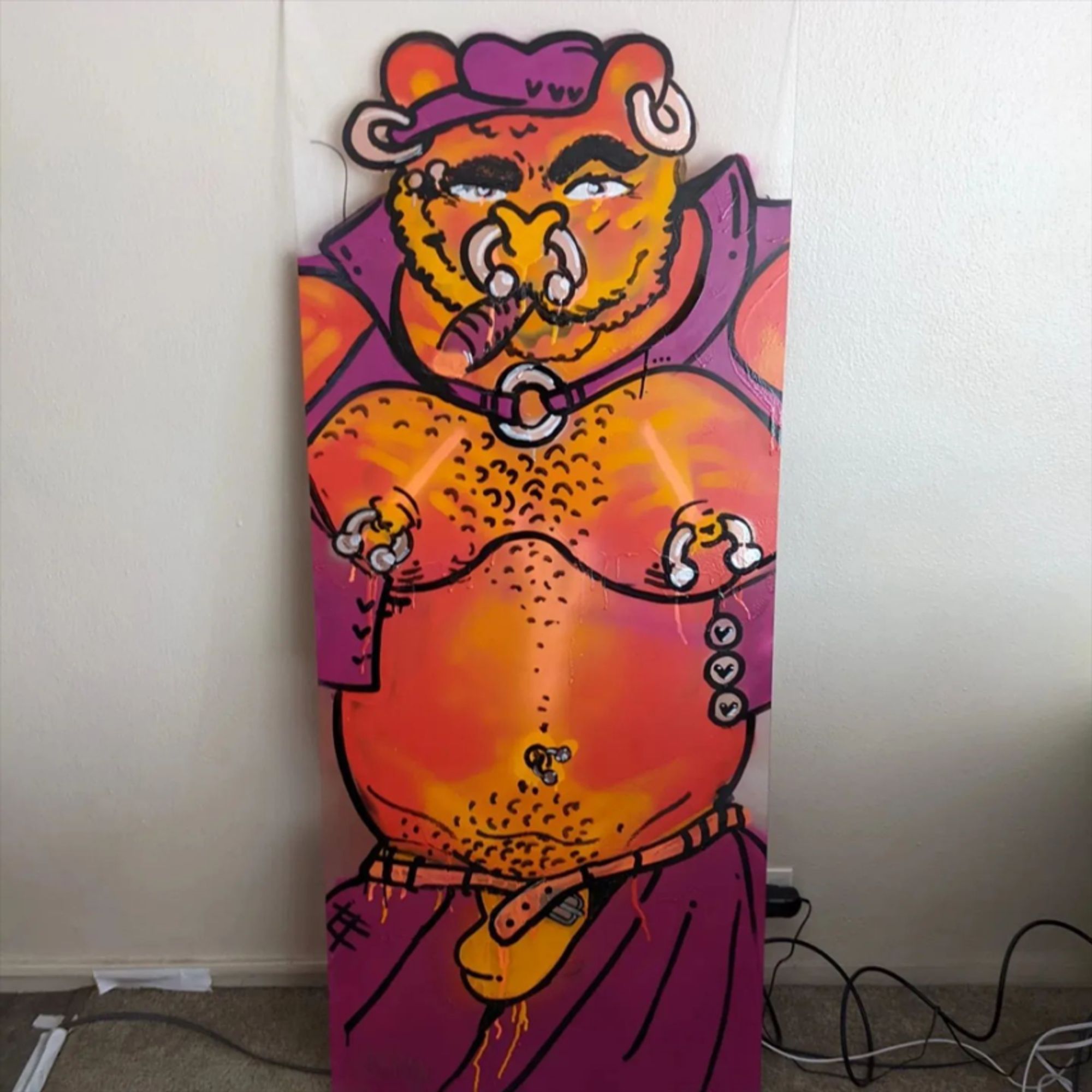 side 1 of a 2-sided plexiglass spraypainted purple and orange-red bear in light bondage gear, a chest harness, a kilt, and a jockstrap. Art by KoboldOrion