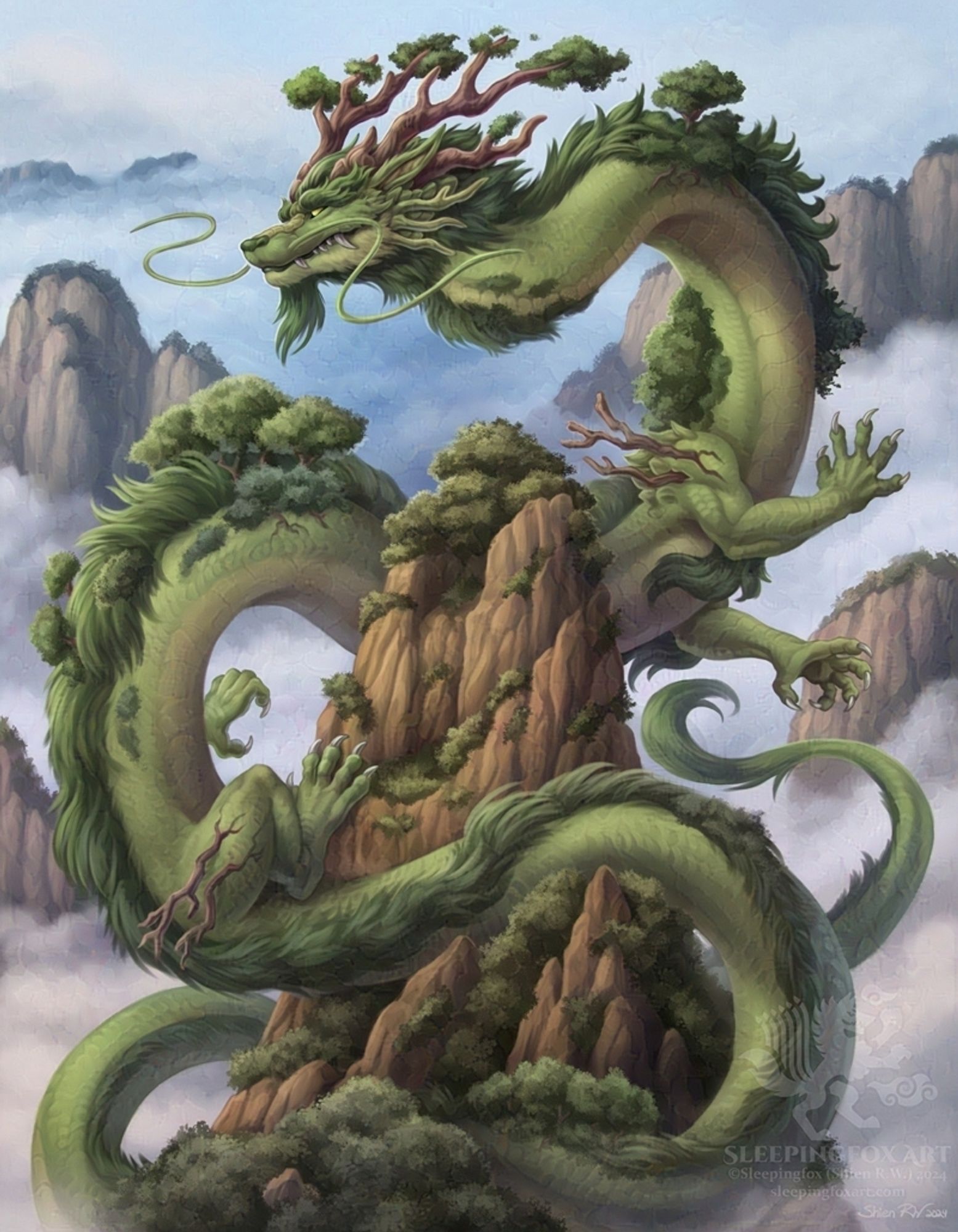 A gigantic green eastern dragon winds around a sunlit mountain. The dragon's horns and fur along its back integrate trees, which meld into the mountain's base. Other mountains are strewn in mist in the background.