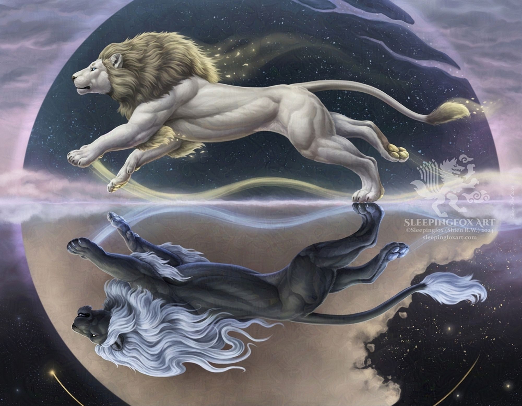 A surreal painting of a white and black lion running across a misty plane. They mirror each other's pose. The white lion has a golden glowing mane and tail. The black lion has a long flowing silver mane and tail. Light trails follow their front paws. The background is also split between night and day.