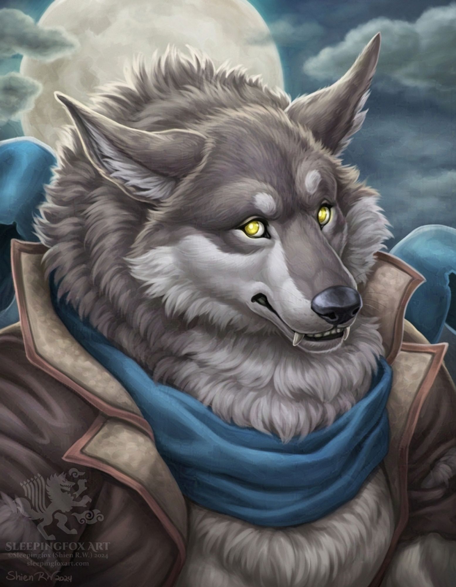 A portrait of a hulking werewolf in a high-collared jacket and wearing a blue scarf. Despite his intimidating size, his expression is awkward as he looks up at the viewer. A large moon frames him from behind.