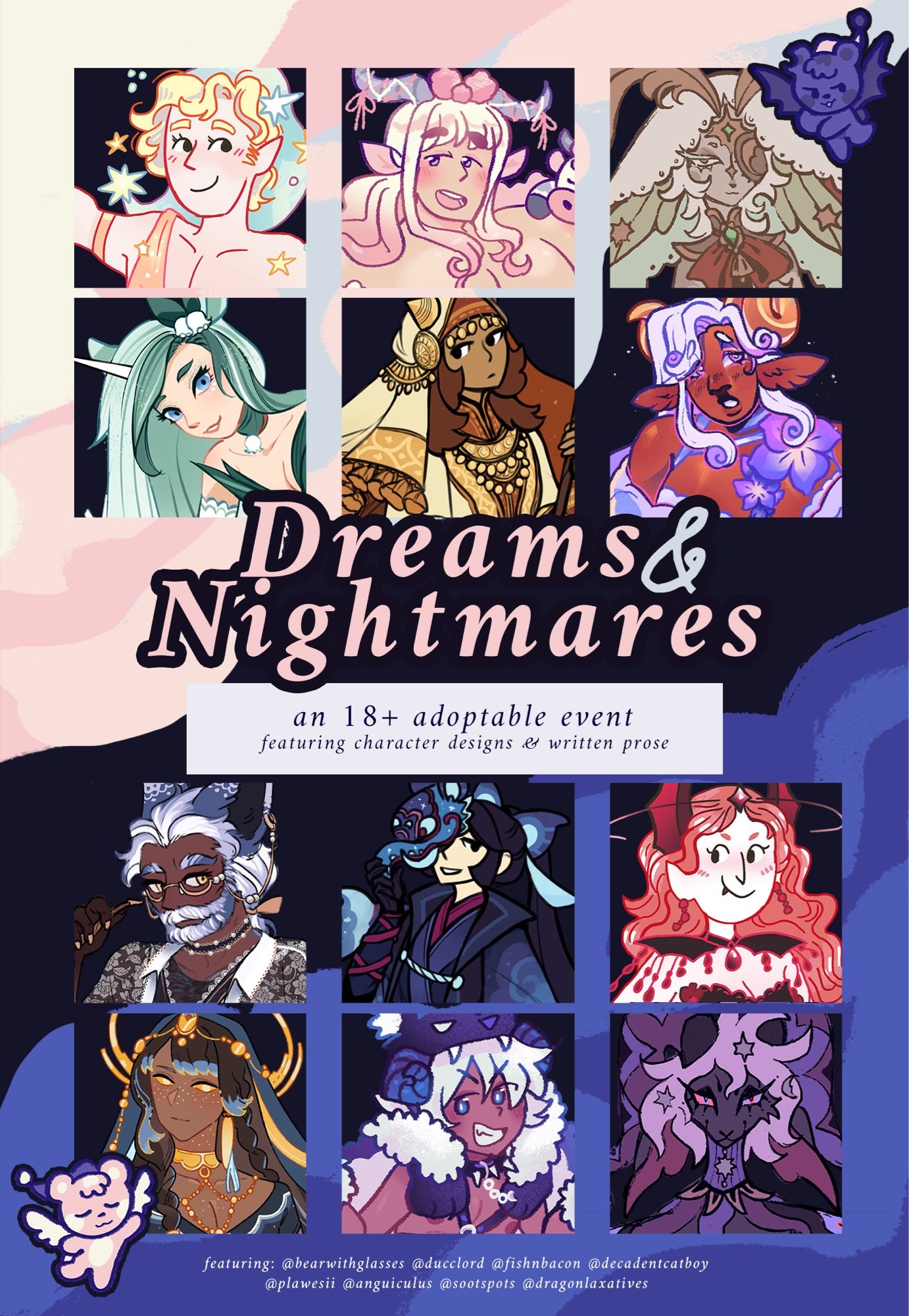 A promotional poster for the Dreams & Nightmares 18+ adoptable event! The poster features crops of adoptable 12 character designs themed with dreams, sleeping, nightmares, and animals.