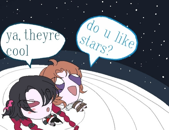 Redraw of a meme that consist in two aliens lied down looking at the stars, one says "do u like stars?" And the other responds "ya, theyre cool" originally made by @lilalienz4ever on Twitter. The redraw fetures the characters Christina and Thistle, both from the game Path to Nowhere