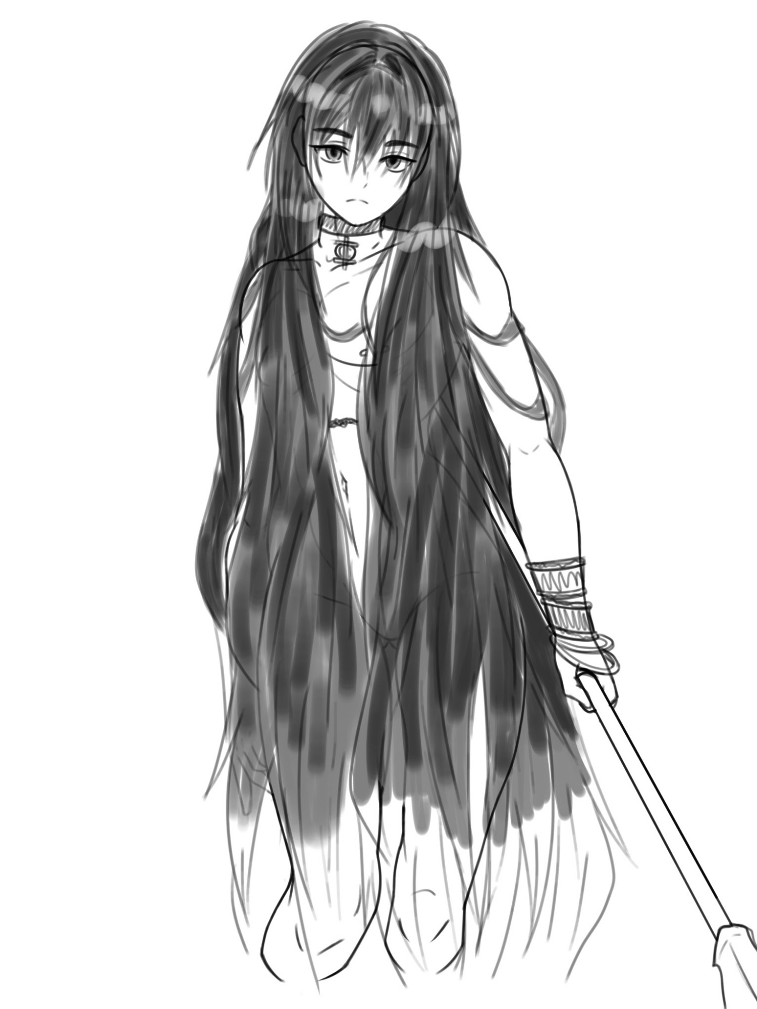 This is an image of a genderless being entirely in greyscale as a work in progress. Said being has long hair that covers a majority of their body and a spear in their left hand, along with several accessories adorning their neck and left arm.