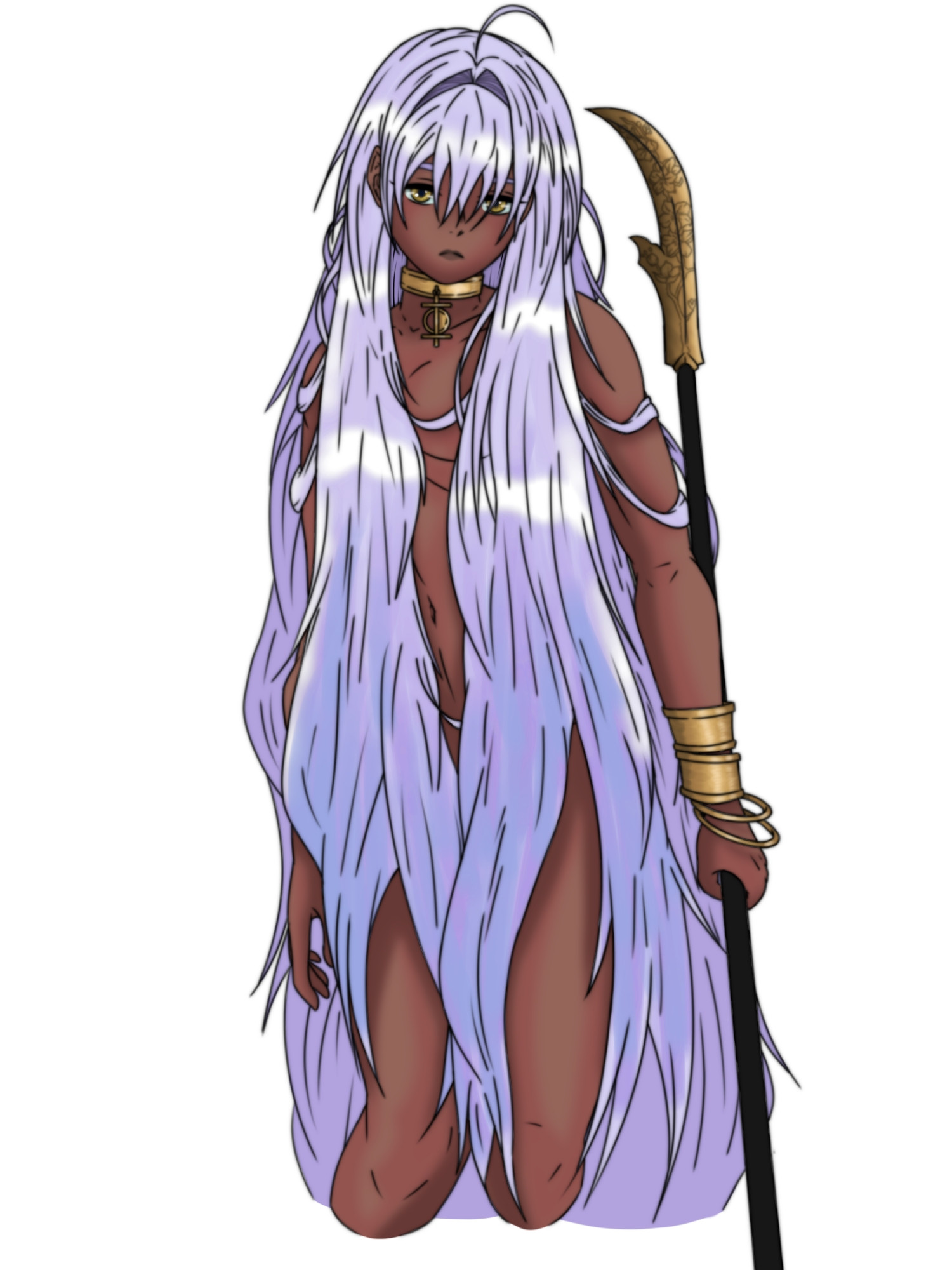 This is a drawing concept of a character named "I". It is a naked genderless person with brown skin, golden eyes and pale purple hair, almost lavender or lilac in color, that covers most of its body. It also has golden bracelets and a naginata (Japanese Polearm) with a black handle and a golden blade with a Sakura branch pattern on it. It has a black choker-like necklace with the symbol of the Church/Cult of Purgatorio, a golden double cross with a circle in the middle with one side hollow and the other full to represent the duality of Virtue and Sin.