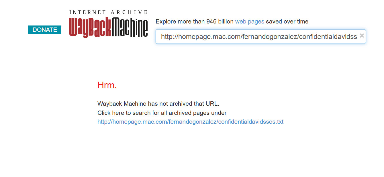 Wayback Machine page for Fernando Gonzales' website showing it was never archived