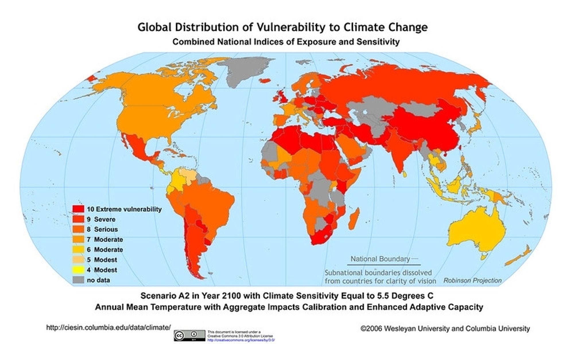 Map of 2100 analysis of climate impacts where basically the whole world is vulnerable. Tellingly, Australia is yellow even though they've had some of the worst wildfires in recorded history over the past few years.