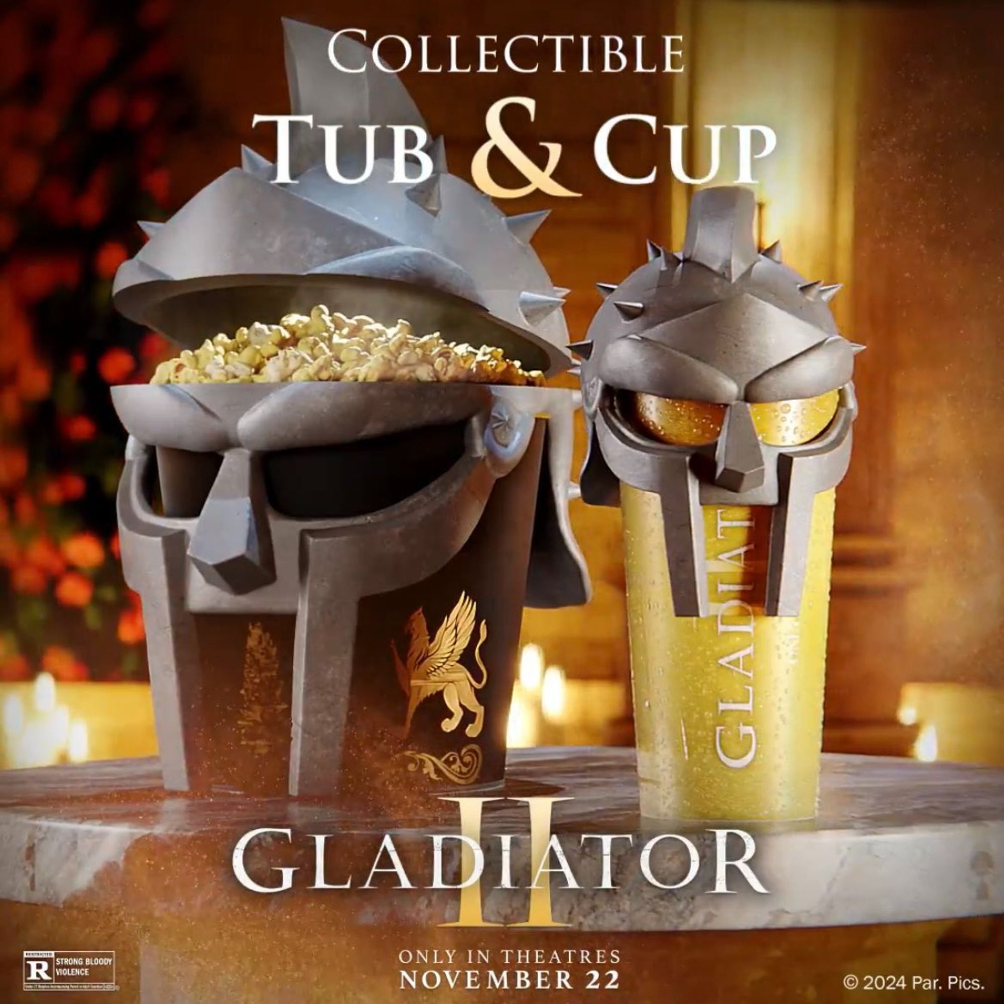 Gladiator II promotional popcorn bucket and cup holder