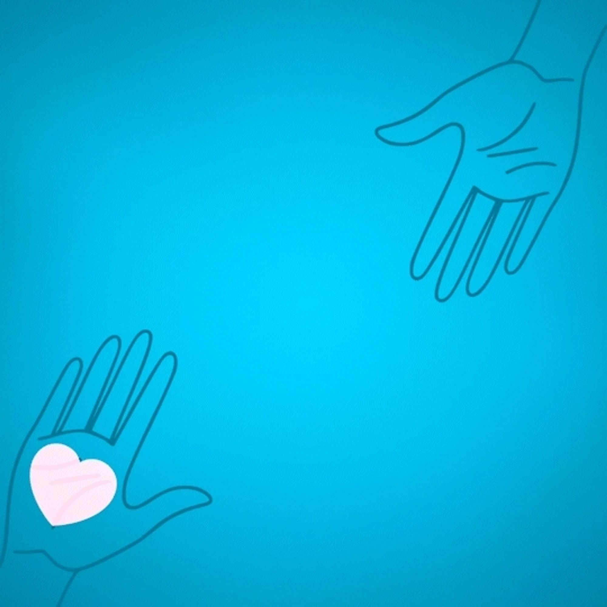 Teal graphic depicting two hands Palm up reaching towards the center of the image from the upper right hand corner and lower left the hand with the lower left has a heart depicted in the palm in the center of the image along the diagonal from the upper left hand corner to lower right or the words thank you for supporting someone with long covid