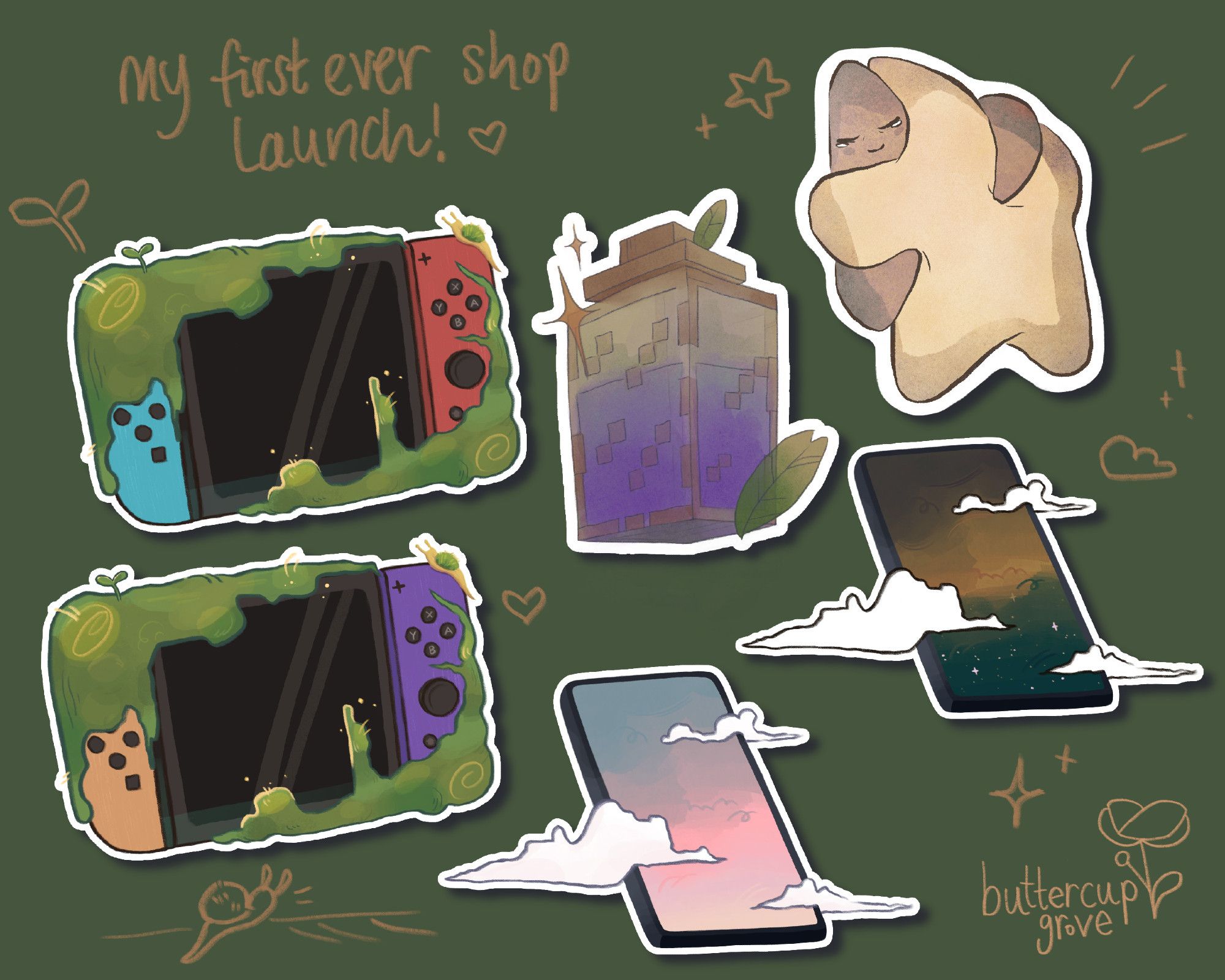 digital art showcase of 6 sticker designs on a dark green background. the stickers are of 2 mossy nintendo switches, two stars hugging, a minecraft style jar with purple liquid inside, and two mobile phones with small clouds washing over them - one phone screen is orange and green and the other is blue and pink. around the stickers are pencil decorations like small stars and hearts, and at the top it reads 'my first ever shop launch'.