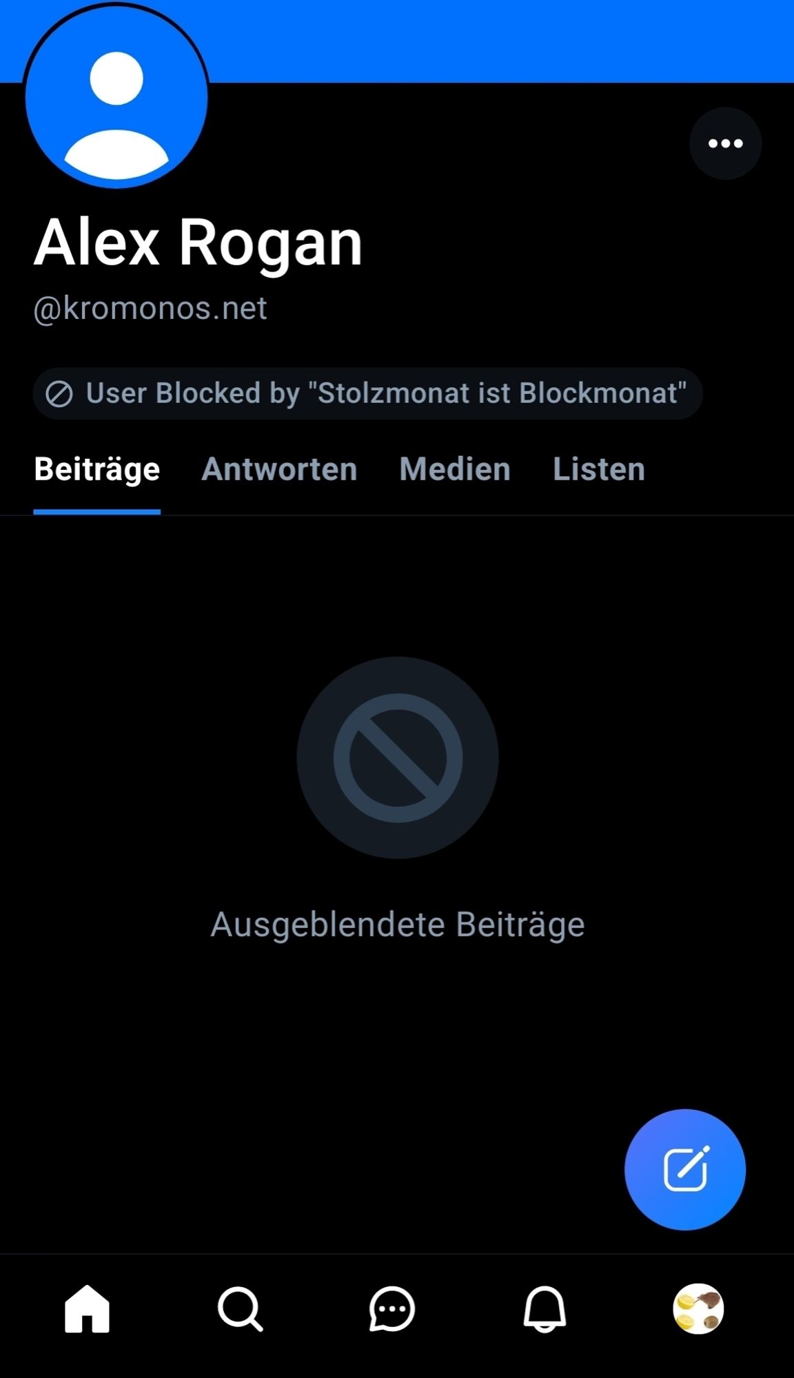 Zu sehen ist das Profil des*der Bluesky user*in @kromonos.net, ist geblockt durch die Liste "Stolzmonat ist Blockmonat"