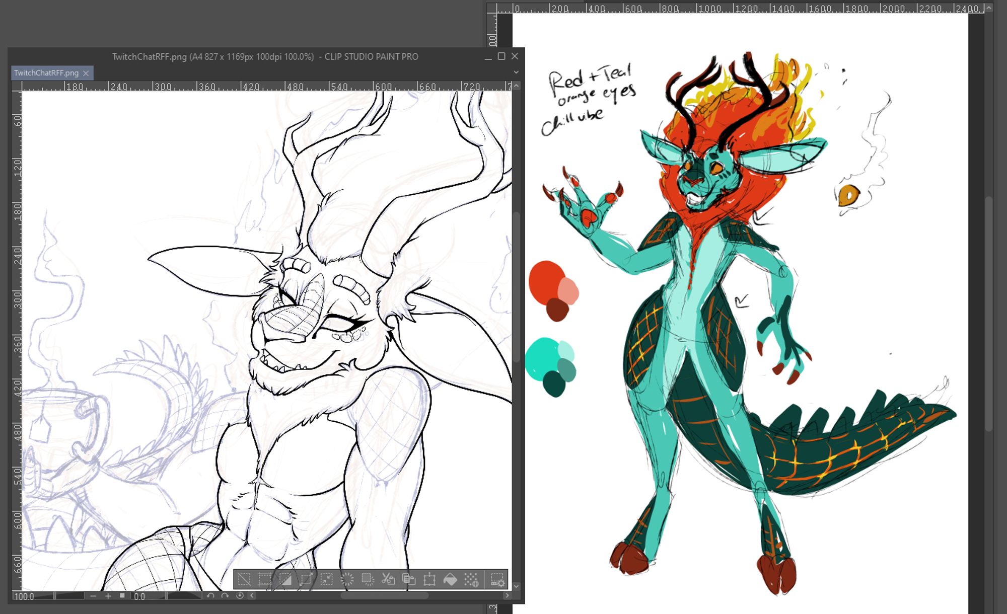 Two windows in a drawing program; on the right side, a rough character design of a lion-deer-crocodile hybrid with a deal body, molten cracks in the scales and a fiery mane. On the left is a cleaner line art drawing of the same character that is partially finished.