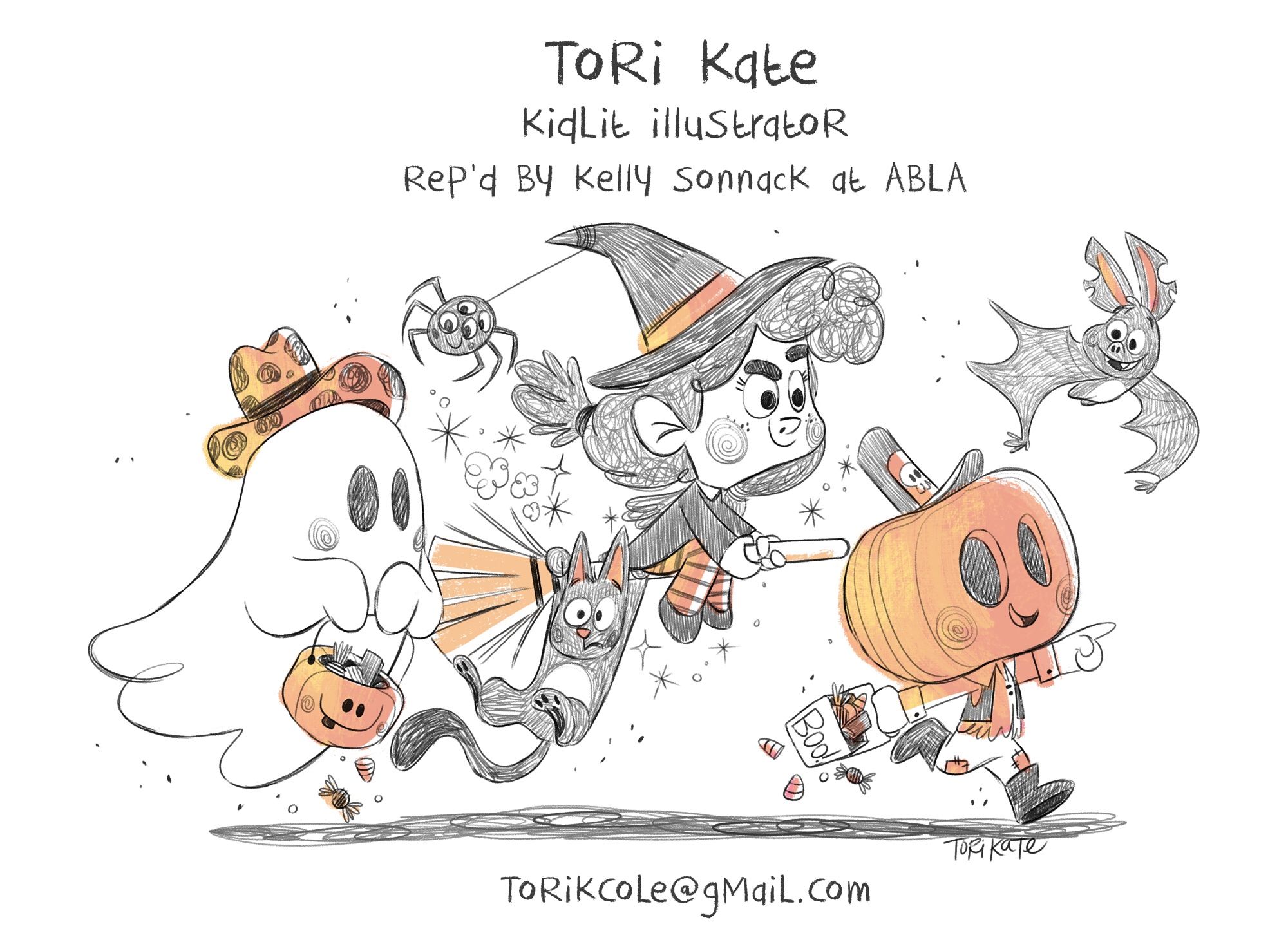 Spooky friends - a pumpkin headed kid, a bat, a witch with a scared black cat, a spider and a ghost are on the hunt for some halloween goodies!