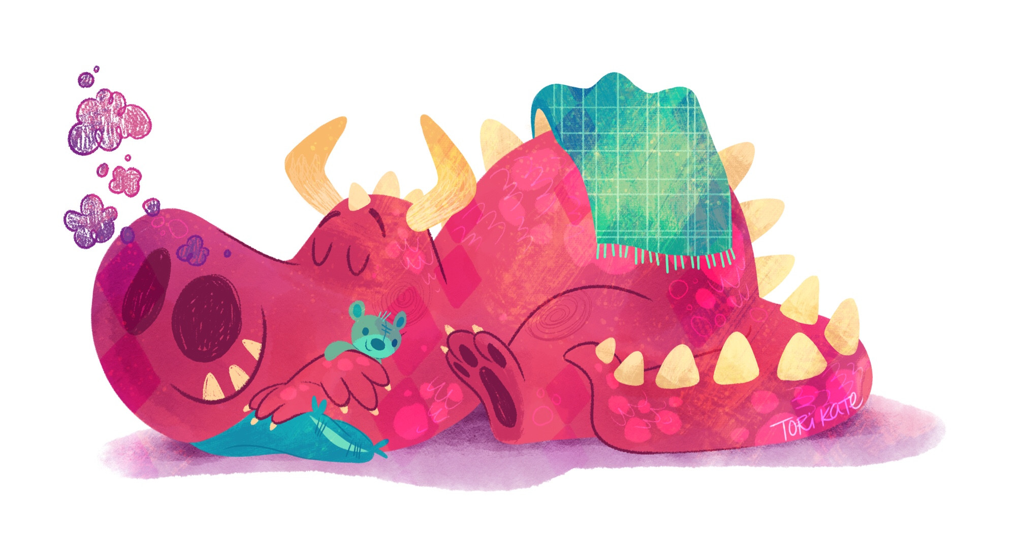 a sleeping pink dragon having a nap with a teddy and a small blankie