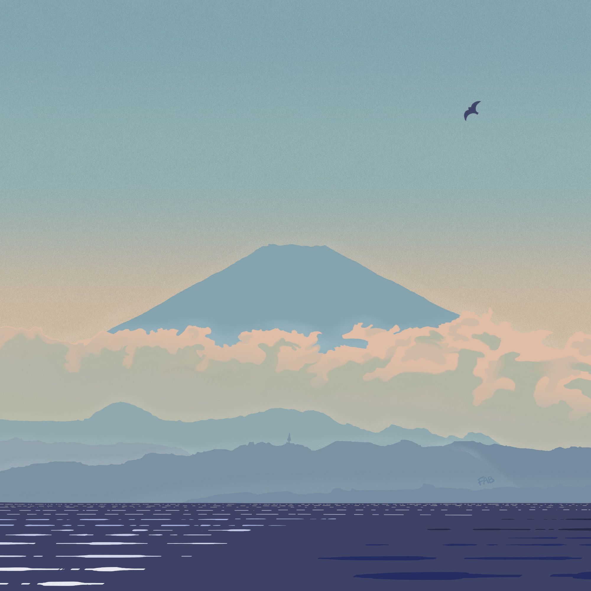 A drawing of Mount Fuji floating over the clouds, with water and water reflections in the forefront, and misty hazy hills in the middle. Everything is a different shade of blue. In the sky, a bird flying high.