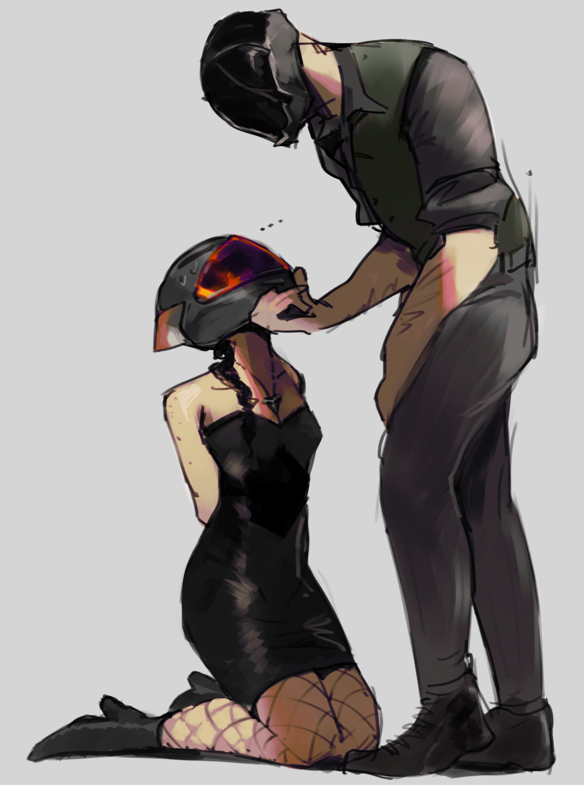 A drawing. Two characters, one male with a full face covering visor, and one female with a motorcycle helmet. The man is leaning over the woman, who is on her knees looking up. His hand is tilting her head upwards to look at him.