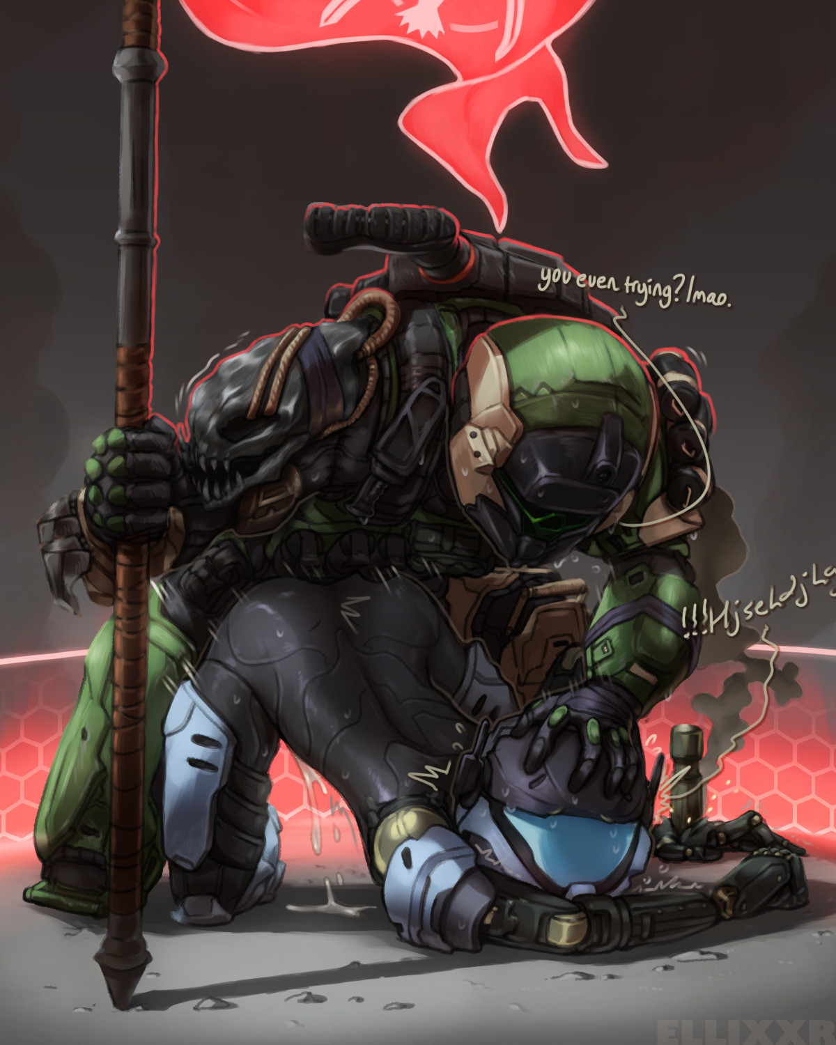 A Drawing. Two spartans from halo are pictured, a male straddling a female. The male spartan is holding a flag, while the female spartan has her torso armour removed, head pressed into the ground, and a skewer impaling her left, robotic hand. The male spartan comments in a bemused tone, "You even trying? Lmao." to which the female spartan can only respond with strained mumbles.