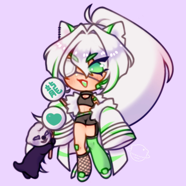 A chibi illustration of a kemonomimi green tiger and a space otter. The green tiger character is mostly human with long white hair, and two catlike ears nestled atop his head. One hear has a notch in it, the other sports five black piercings. He is wearing a long, white, furred trench coat with green stripes, a black collar, black crop top, black shorts, and mismatched mesh-and-green long socks. He's holding a sign with "long" on it, the Chinese character for dragon. The white tiger is looking down at the space otter, who is holding a sign with a green heart. The space otter has an off-white head and a dark purple body, It is smiling with its eyes closed.