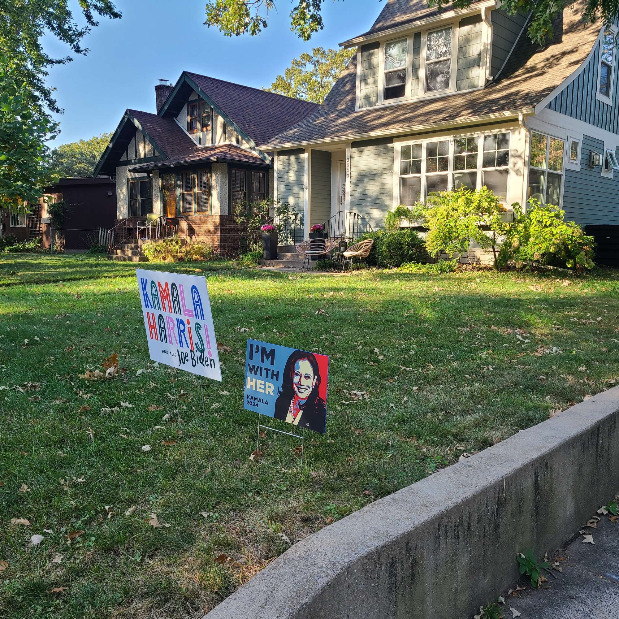 Kamala harris ope & tim walz rainbow color campaign sign & im with her art inspired campaign sign with image of harris