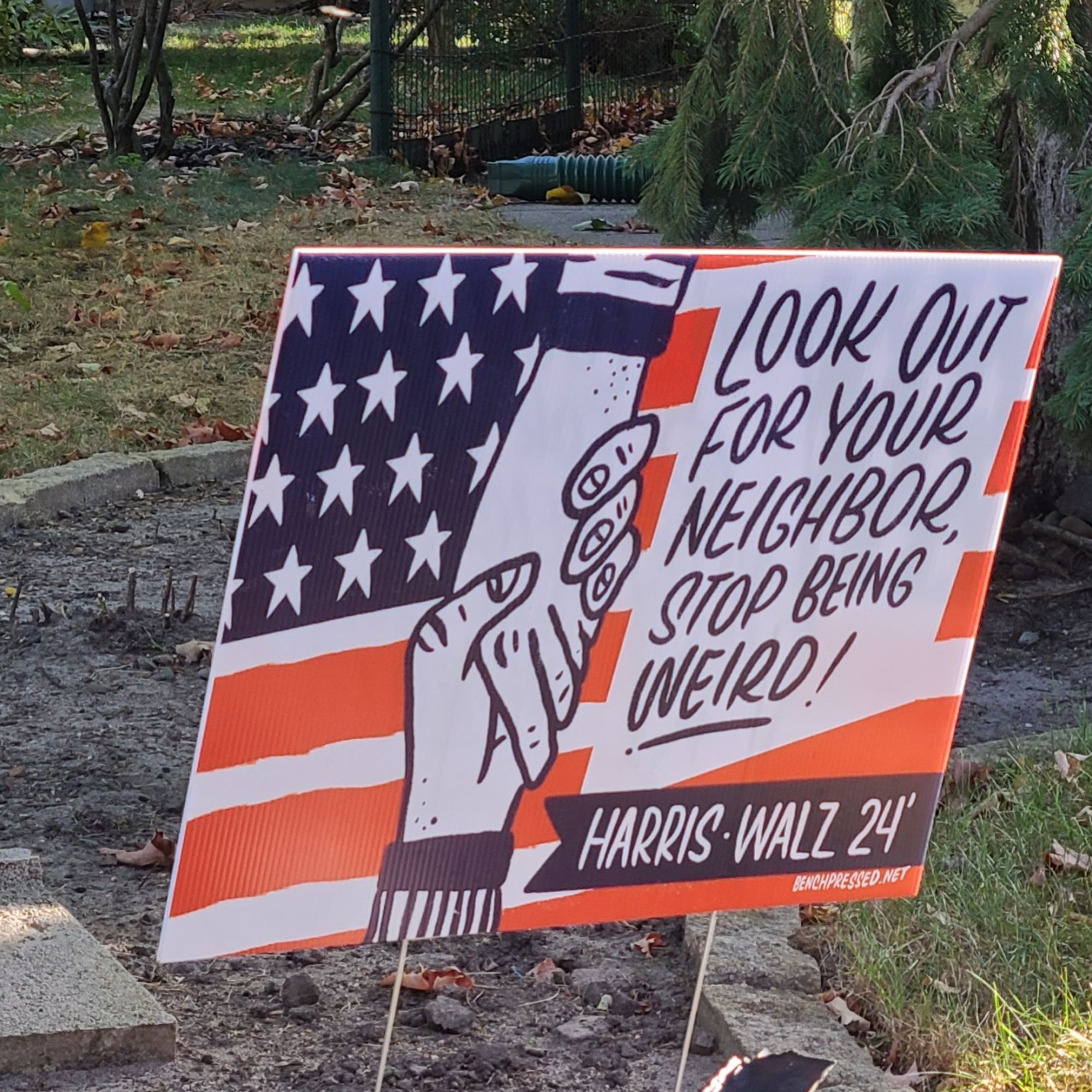 Illustrated red white blue hands shaking 'look out for your neighbor stop weird'