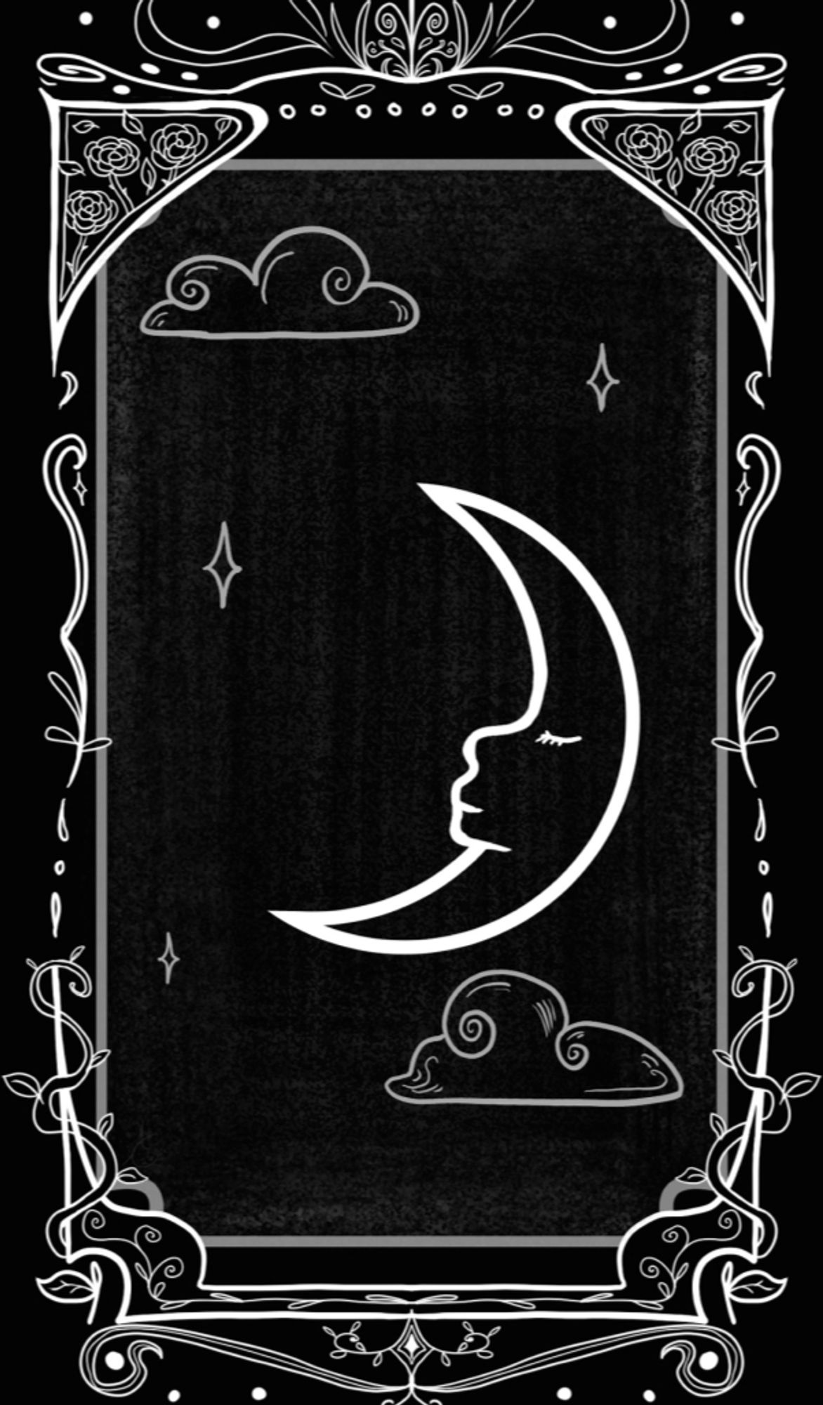 Sleeping moon in the sky in a Tarot card style.