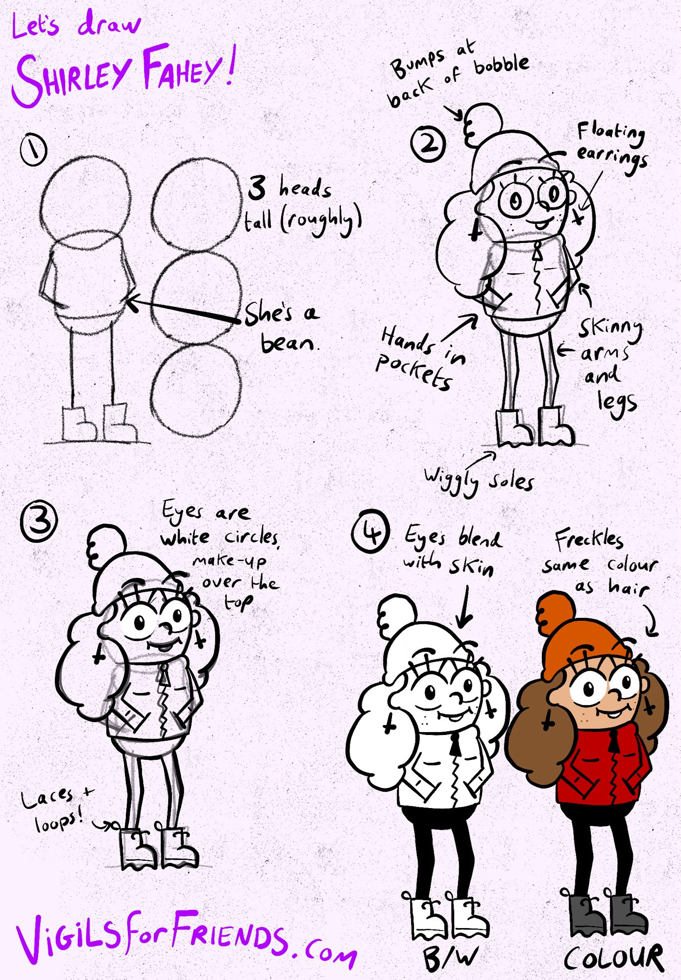 A guide to drawing Shirley from Vigils for Friends, standing around smiling with her hands in her pockets