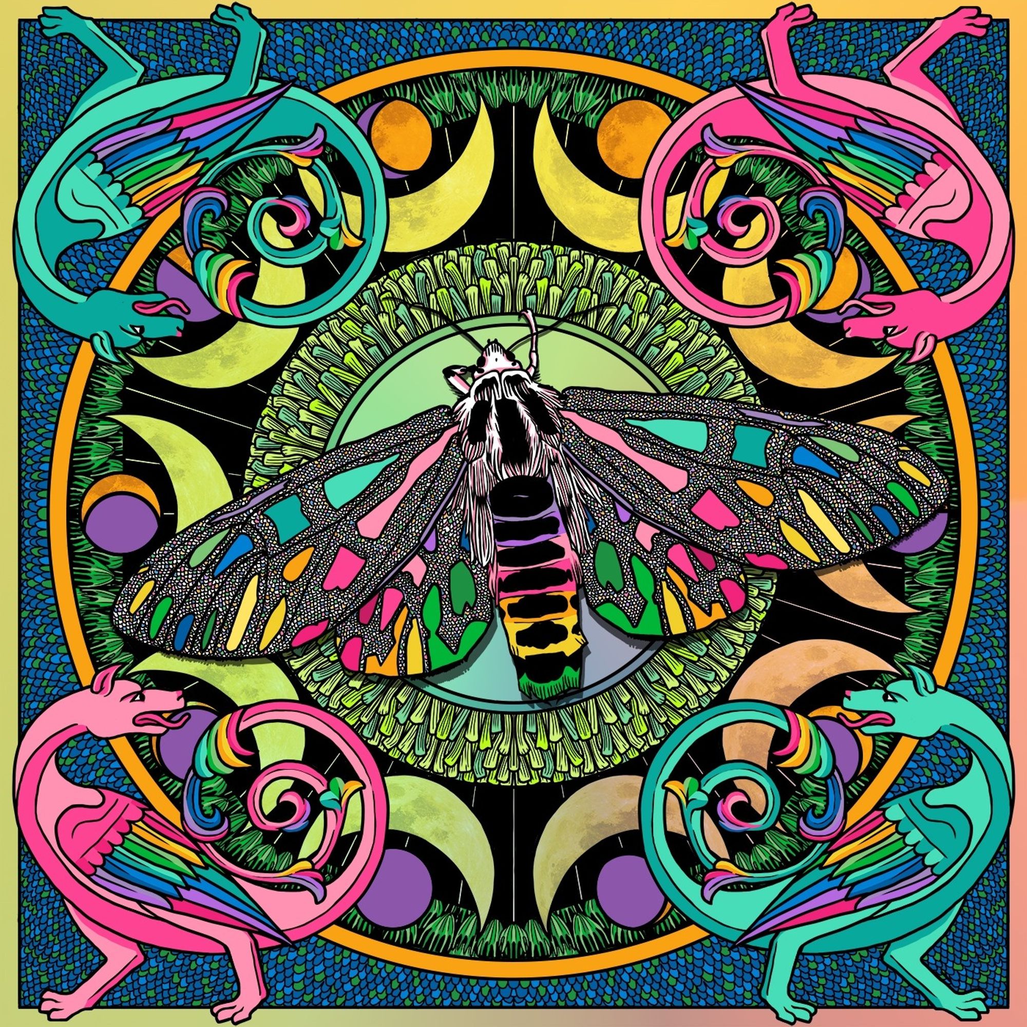 A very colourful digital illustration of a moth with rainbow hued segments in its wings, on a background of rings of scale patterns framing a ring of moon phases and crescents, with the four corners featuring illuminated manuscript style dragons.