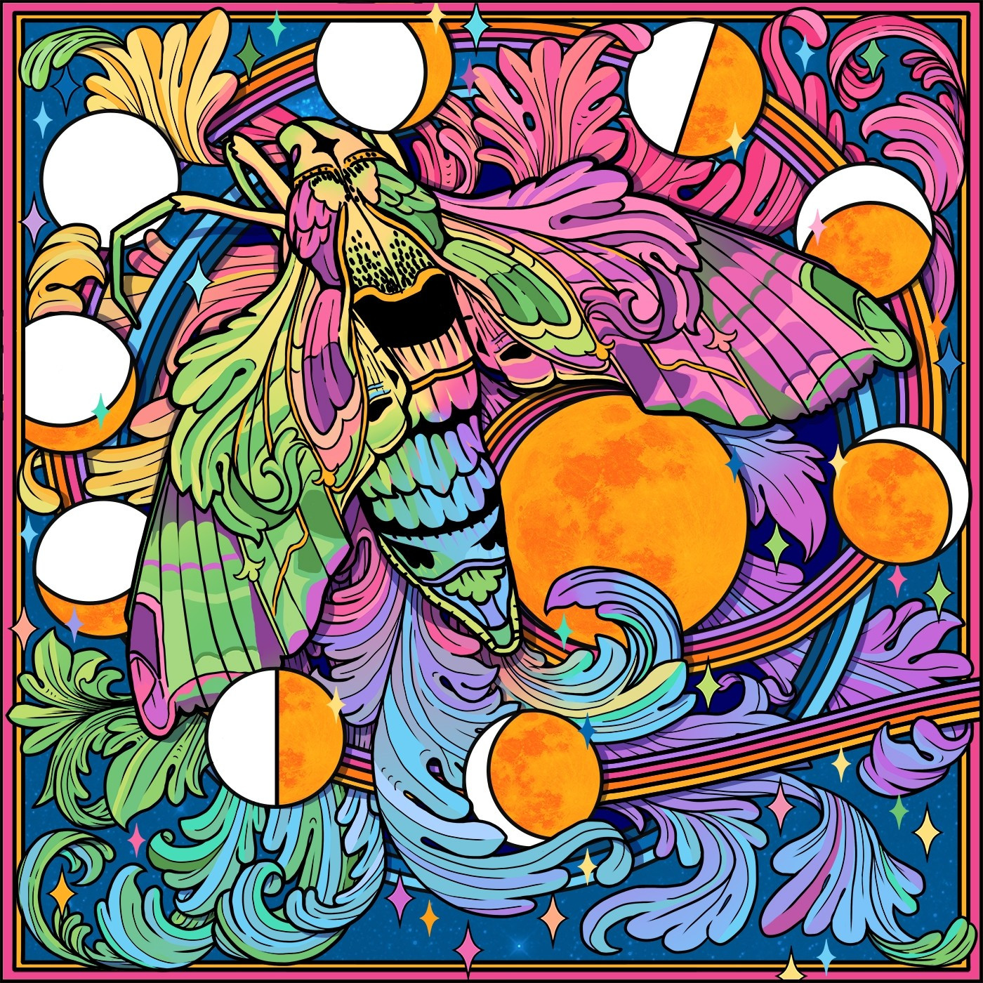 A mylticoloured illustration of a moth surrounded by swirly leafy details, and a spiral with the phases of the moon spaced along it and around the moth.