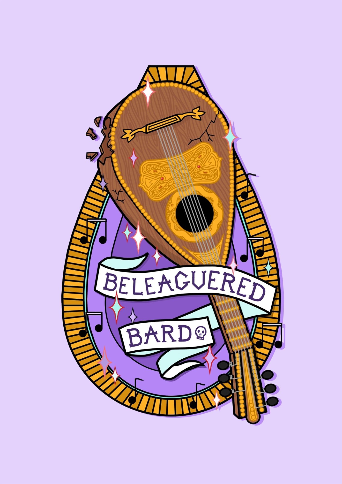 A flat colour illustration of a mandolin with a hole smashed in the bottom, over a teardrop shaped background with a banner across the fret reading 'beleaguered bard'  with musical notes and sparkles around it.