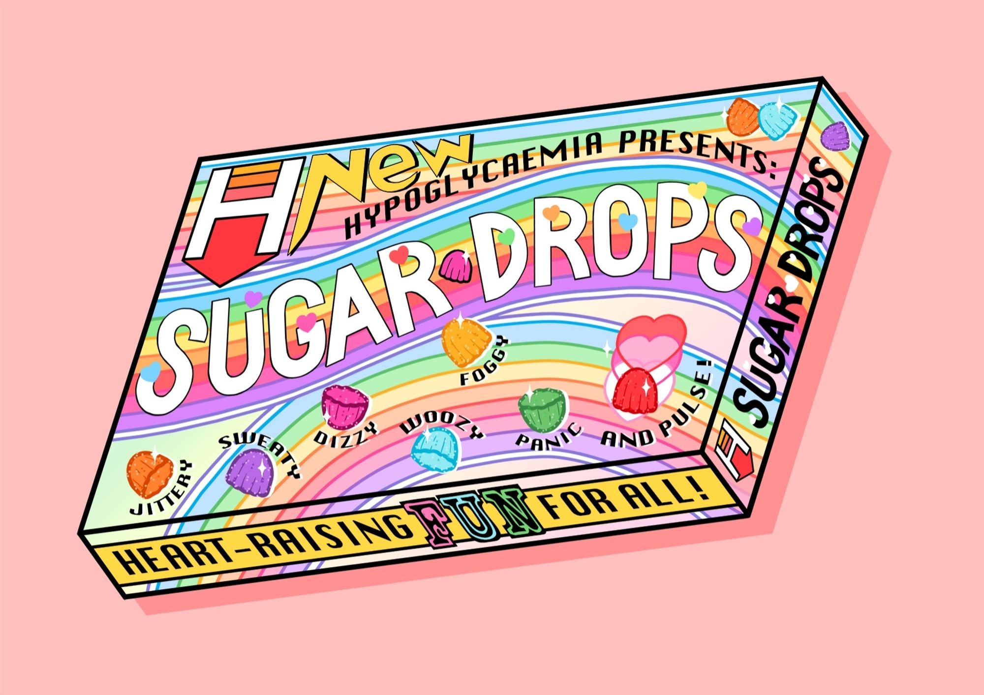 A digital illustration of a parody sweet packaging with pastel rainbow patterned background and typography reading: nest, Hypoglycaemia presents: sugar drops! Heart-raising fun for all.