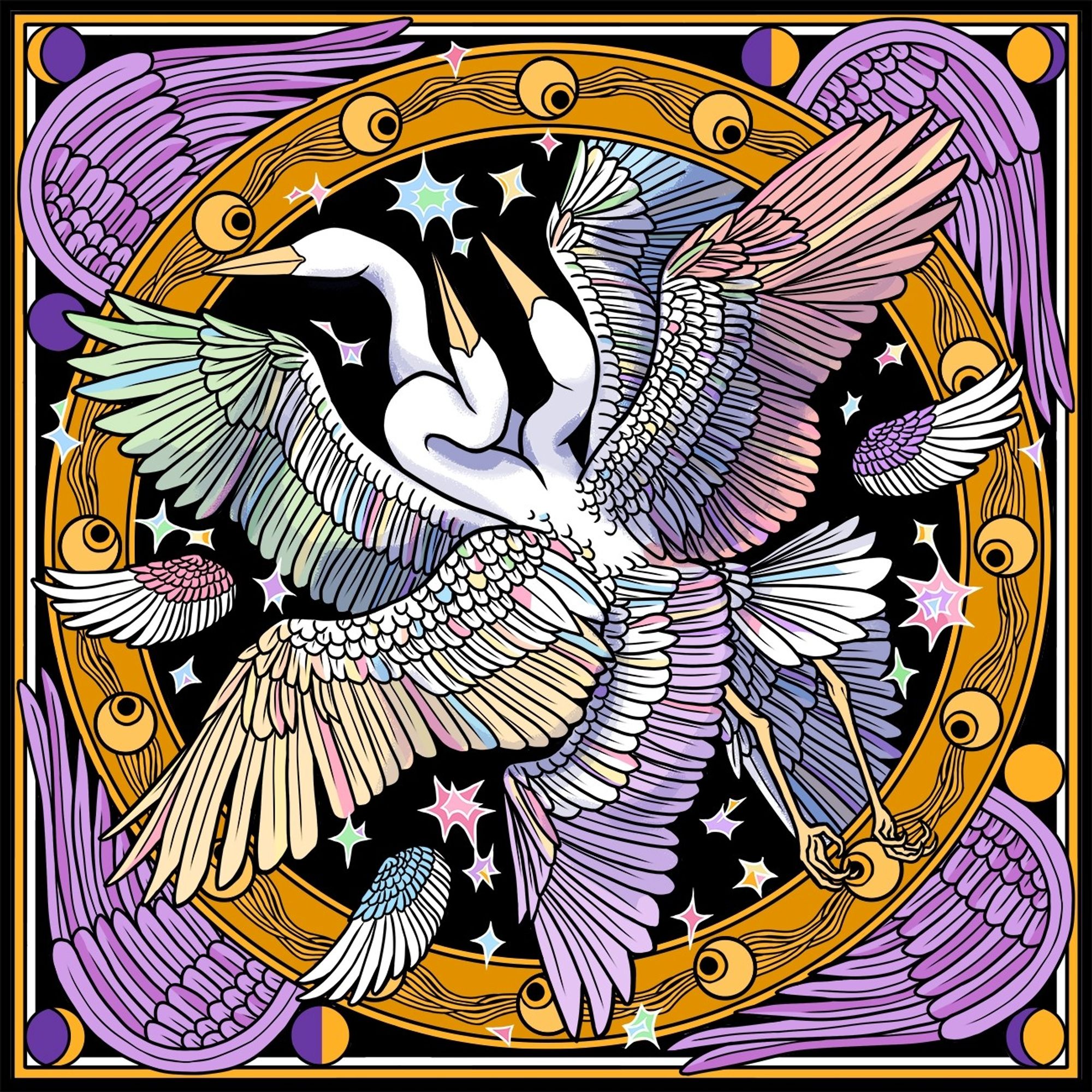 An illustration of a 6 winged heron with 3 heads and necks but no eyes, in flight. It is frames by a gold circle with eye balls spaced along it, and stylised lilac wings in the corners.