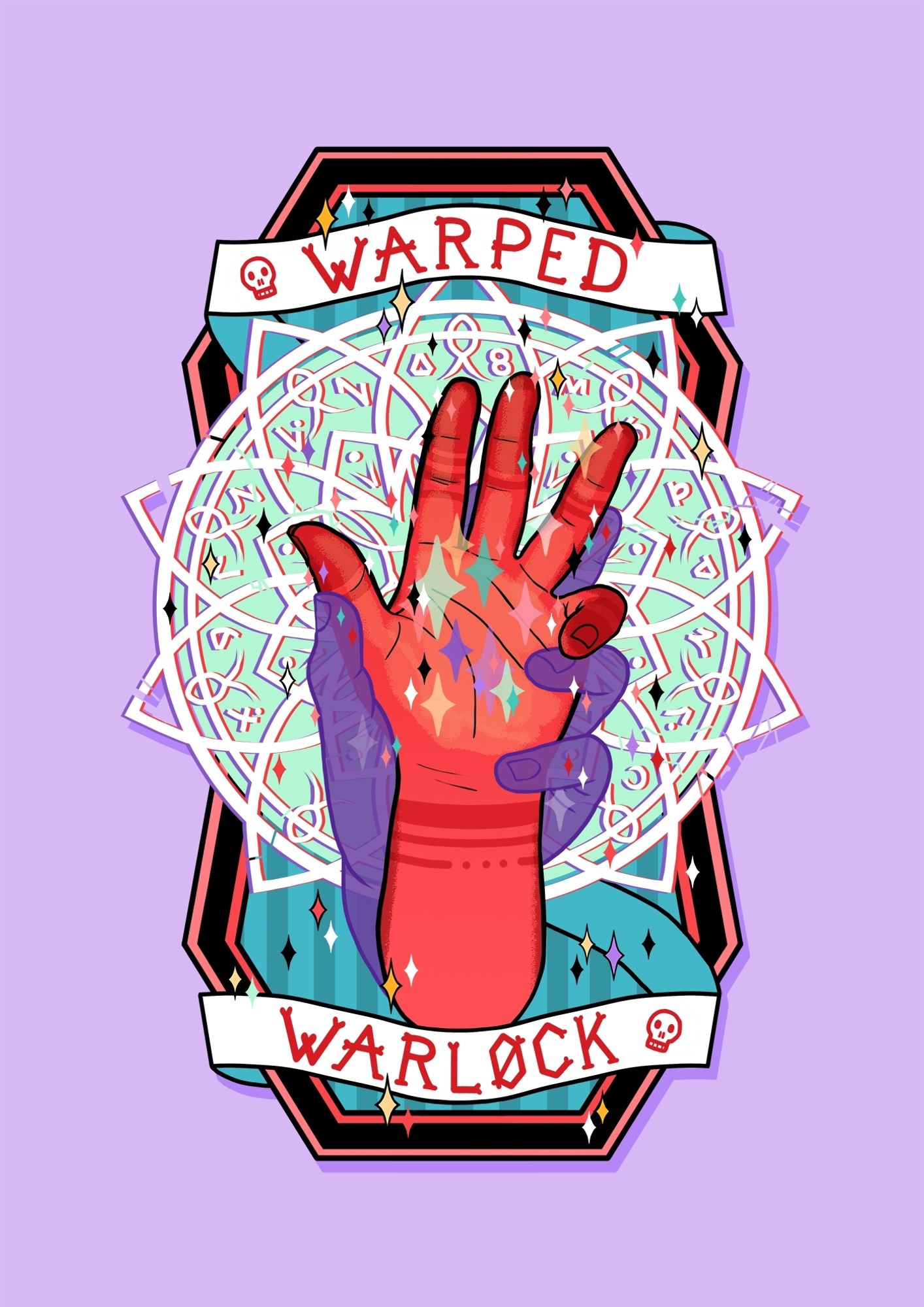 A digital illustration of a red hand with a ghostly purple larger hand clasping it from behind. There are magical sparkles in the palm. Behind then is a white and mint green magic circle, and a border shape with blue stripes. A banner above and below reads: warped warlock.