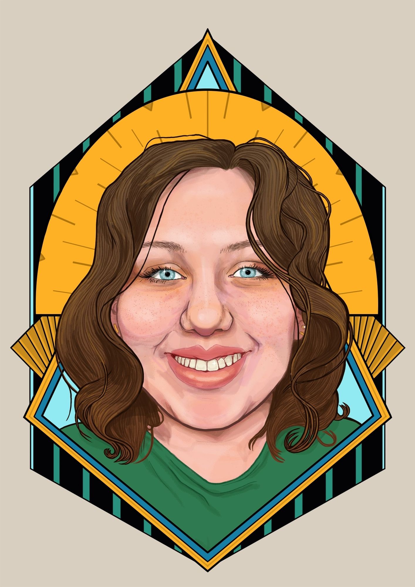 A digital portrait illustration of a young white woman with shoulder legrh brown hair and blue eyes, smiling at the viewer. She is framed by an art-deco-esque border design in yellow, black and green.