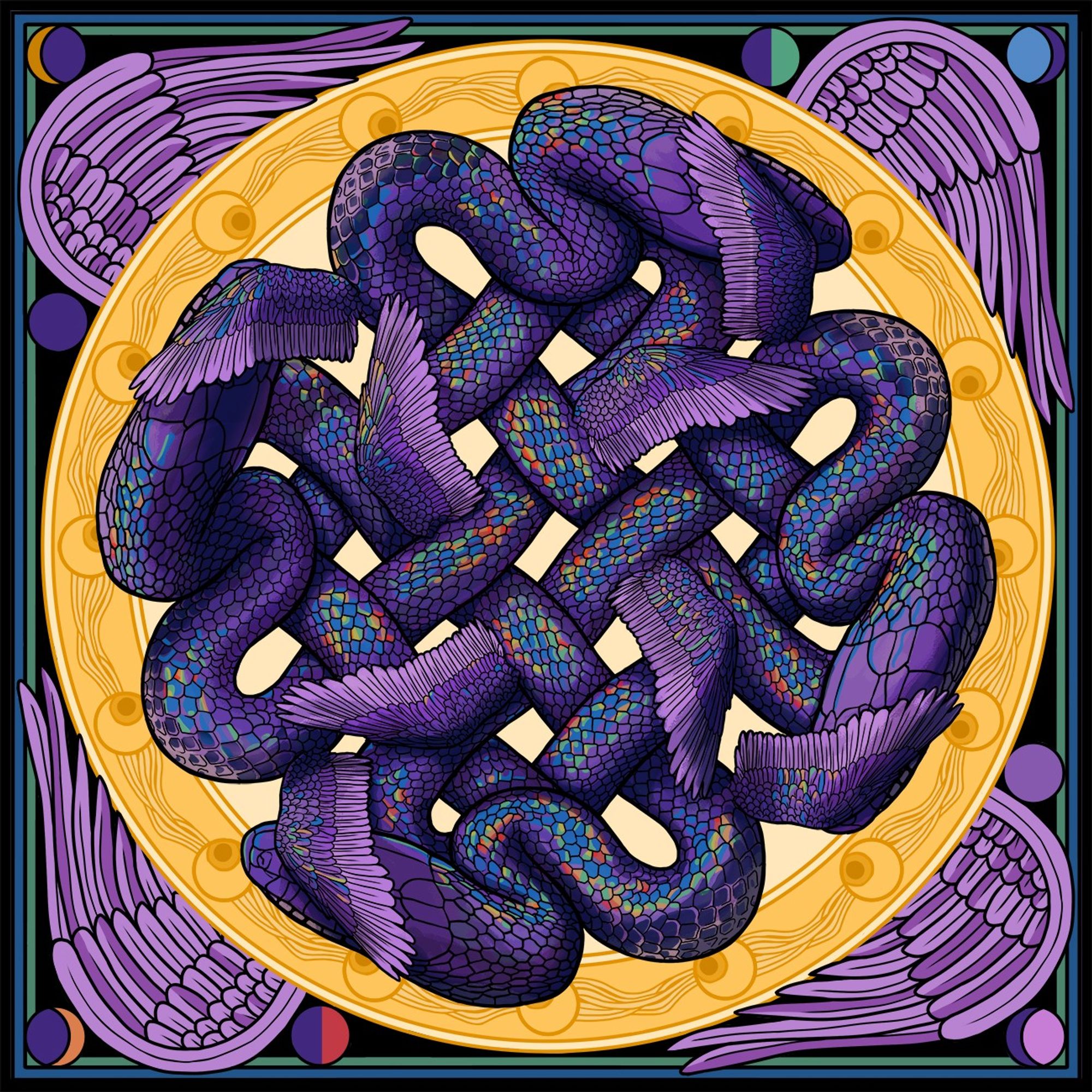 A digital illustration of four snakes interlaced in the pattern of a celtic knot. They each have 2 wings, with 1 wing covering the eyes of the previous snake in the pattern, and the other forming a sort of 4 wing windmill pattern in the middle across the knot. The snakes are dark purple/blue with irridescent scales in lit areas in blue, green, red and yellow. The background is a little yellow disc with a border section featuring a pattern of eyeballs, and stylised purple wings in each of the four external corners. Small circles on either side of each wing show the phases of the moon around the edge of the design.