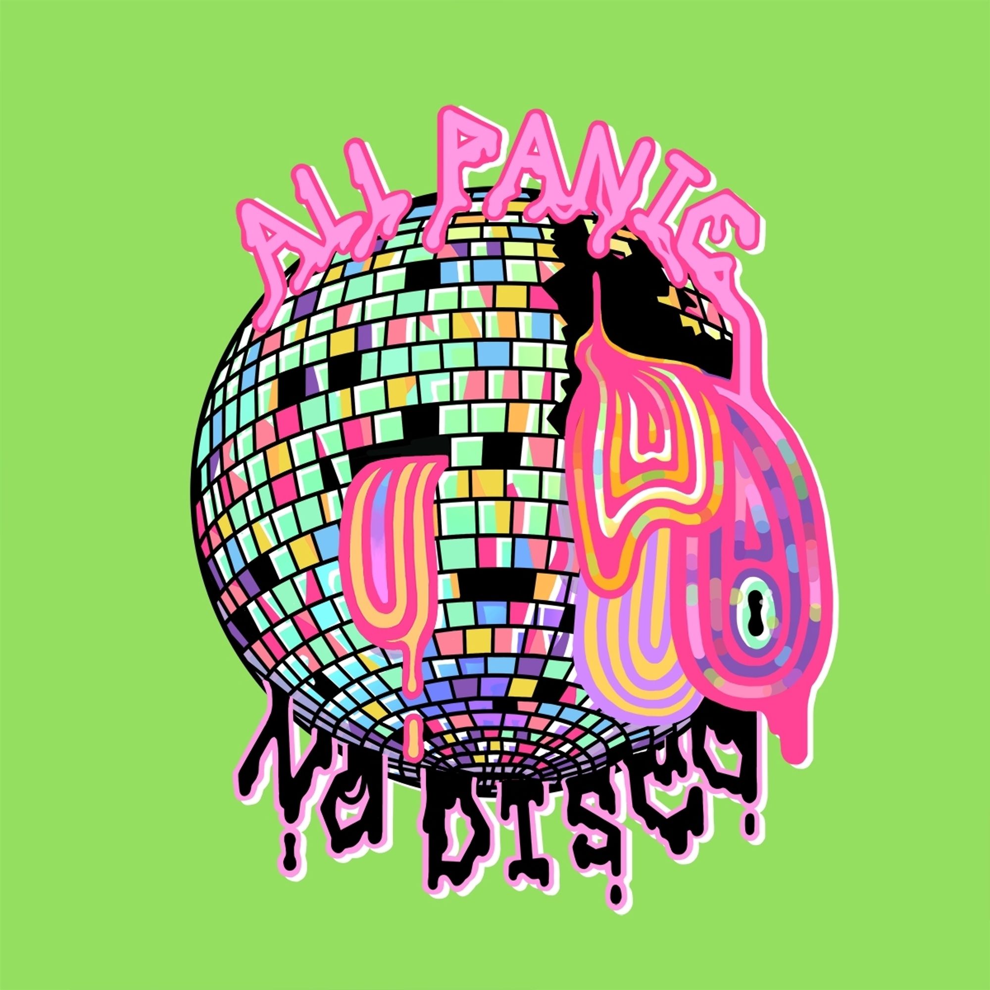 A digital illustration of a multicoloured disco ball with a hole smashed in it. Colourful lined shapes droop out of the holes and drippy typography around the top and bottom of the ball read: all panic no disco.