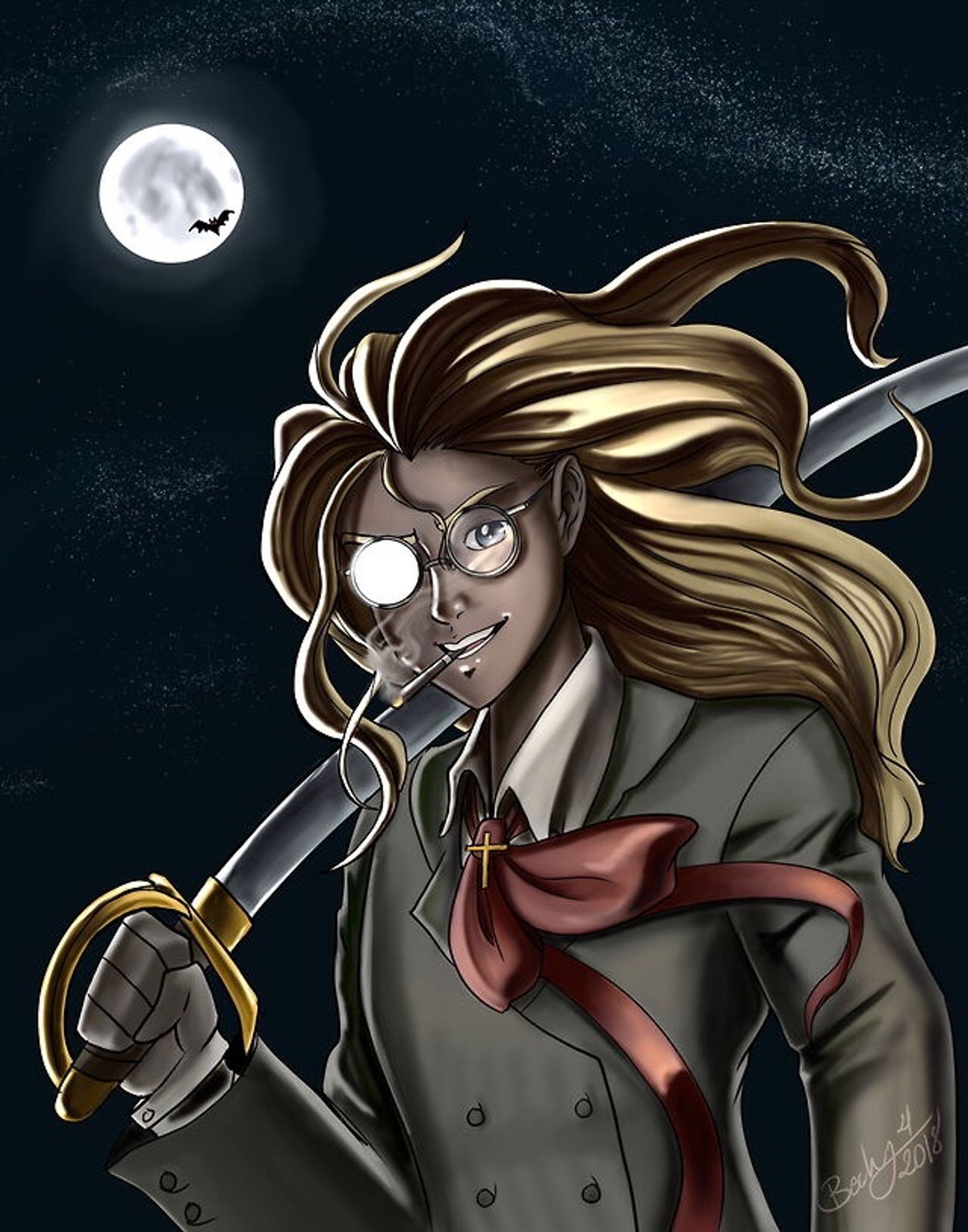 Integra Hellsing looking at the viewer while smoking a cigar and holding a sword over her shoulder. A bat is silhouetted against the Moon in the night sky.