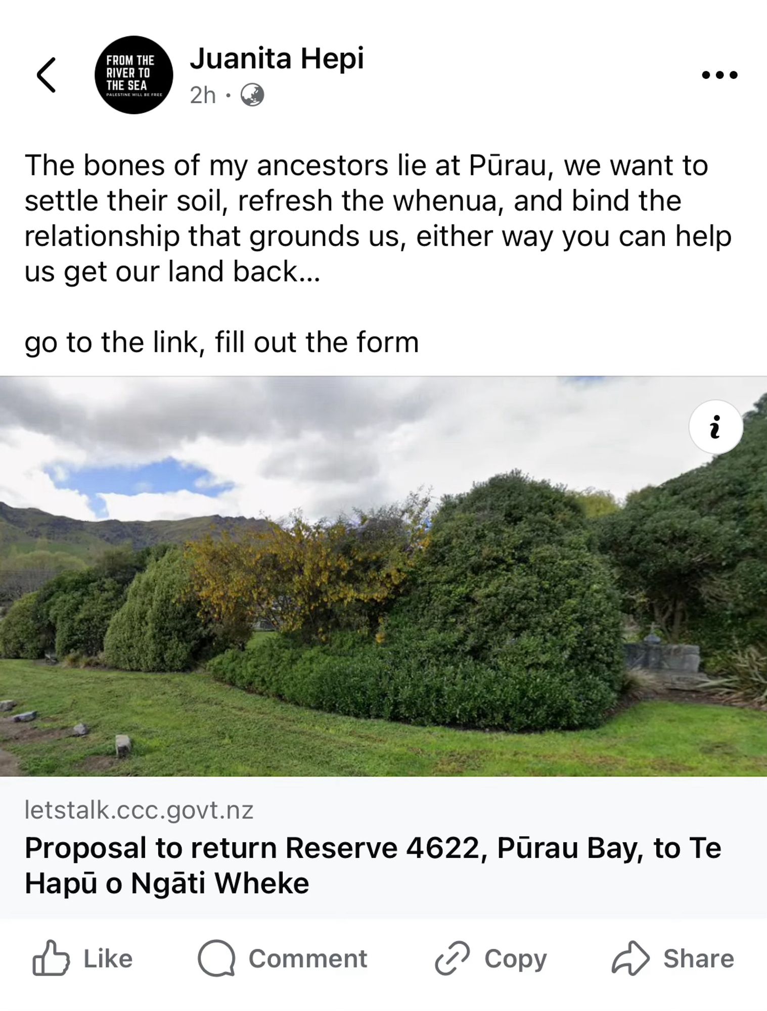 Screenshot from a Facebook post by whaea Juanita Hepi, artist and wahine toa. 

Her post says: The bones of my ancestors lie at Pūrau, we want to settle their soil, refresh the whenua, and bind the relationship that grounds us, either way you can help us get our land back… go to the link, fill out the form

There is a photo of a hill and trees and a cloudy sky behind them. 

The link to the consultation is in the post.