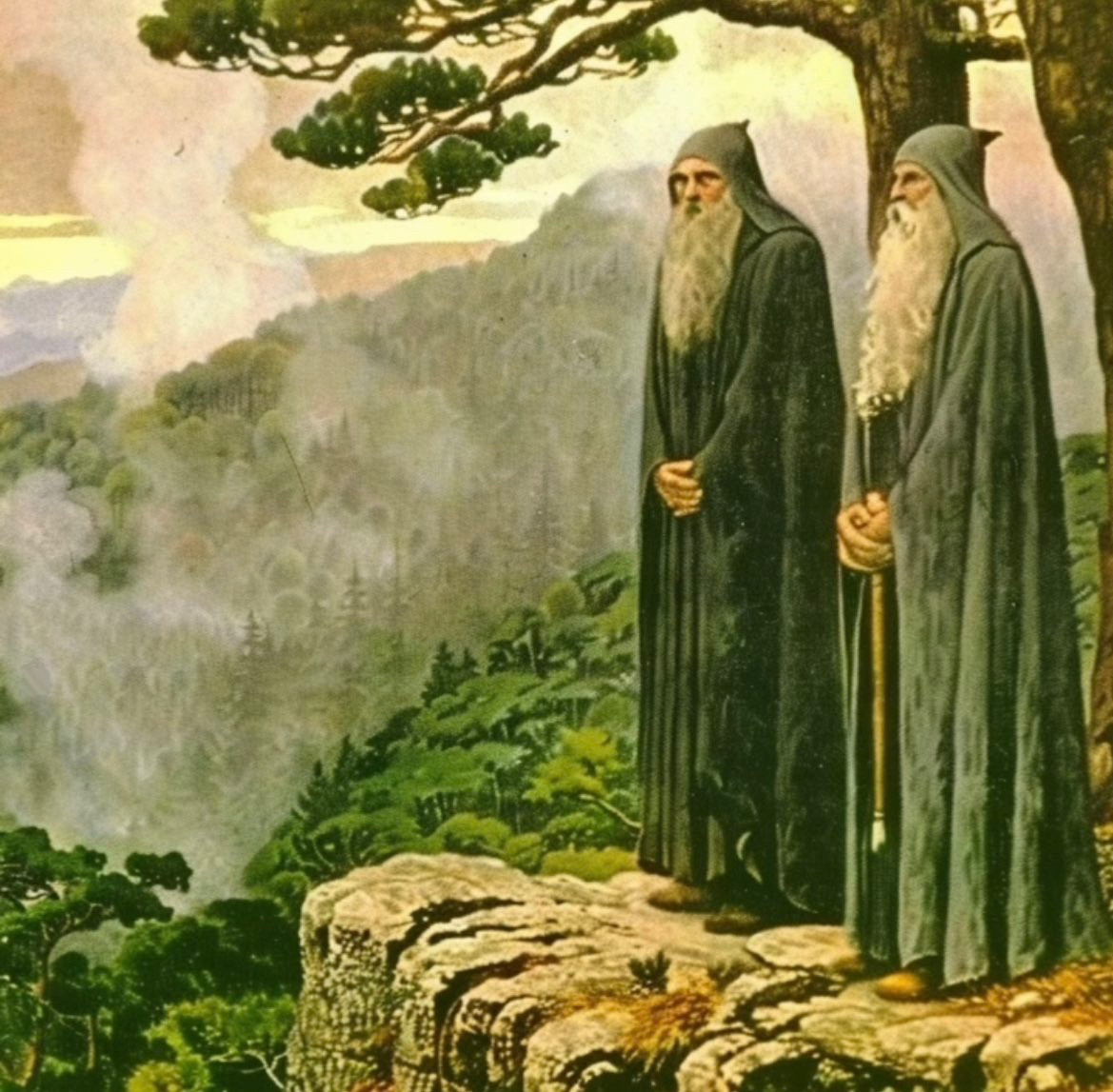 2 robed wizards stand still overlooking a vast valley in contemplation