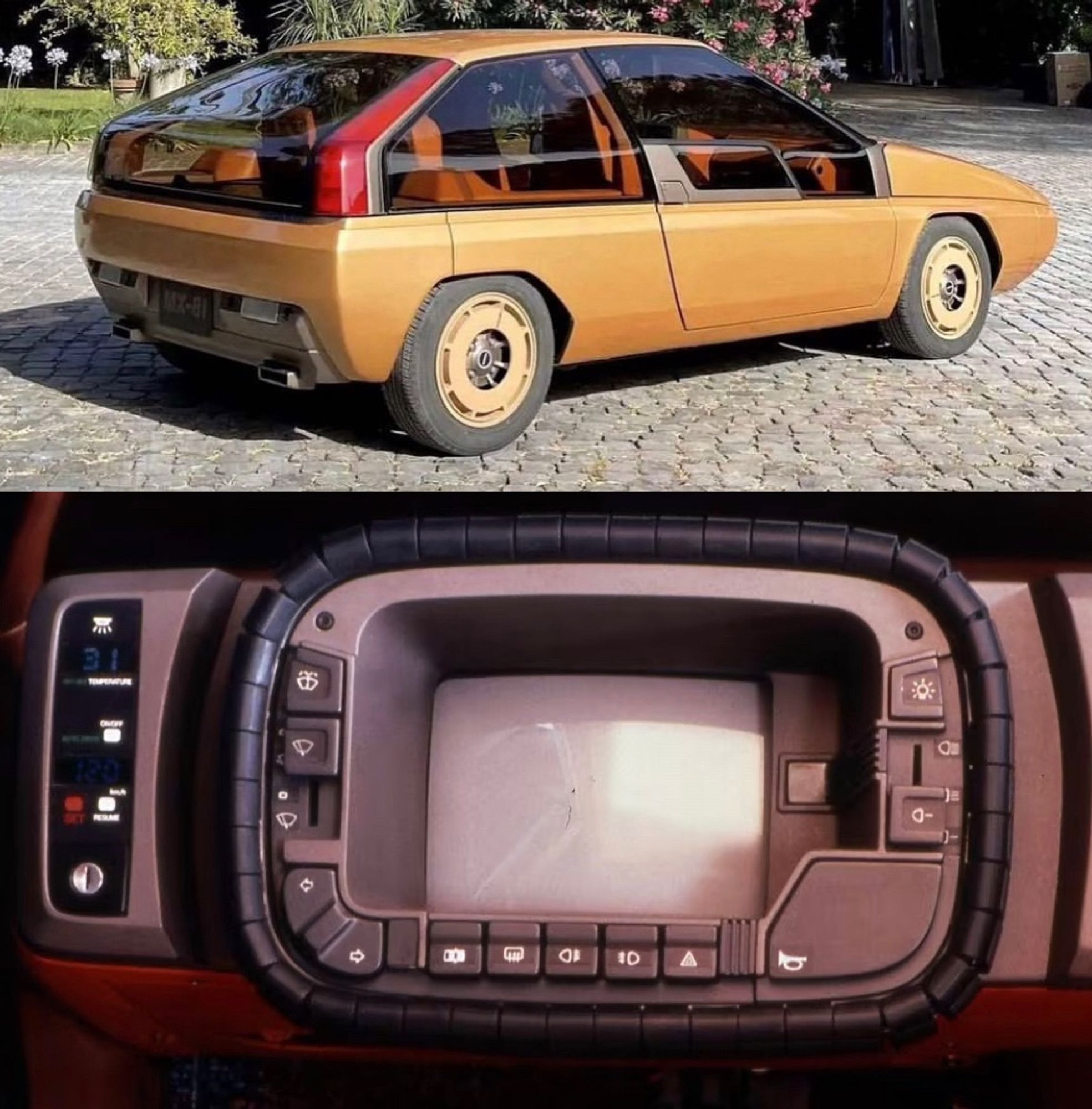 retrofuture style car, angular with squared edges. a rectangular but curvy steering wheel that’s absolutely insane with a screen in the middle and buttons along the side