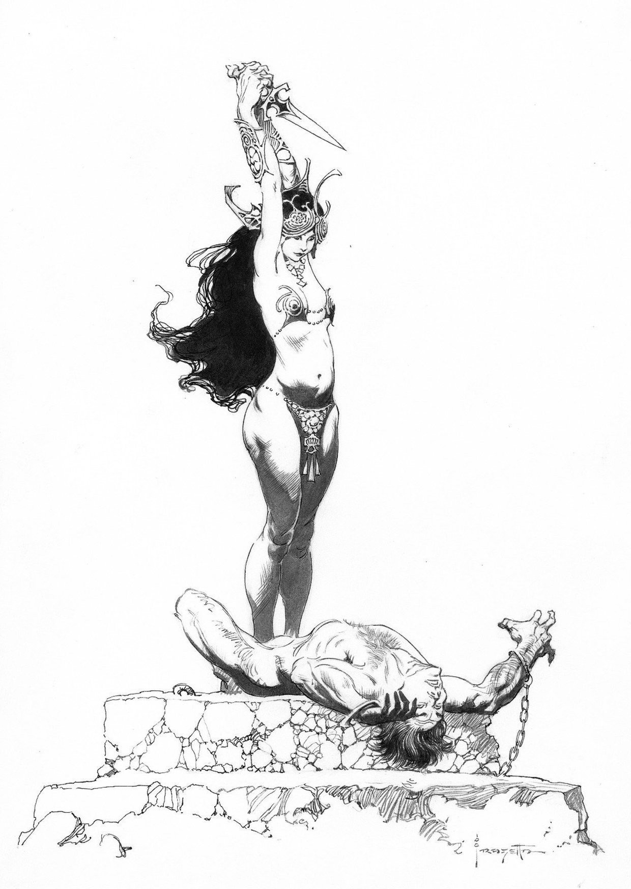 (fantasy art, sketch) a woman with long flowing hair holds a dagger high in the air ready to thrust it into a man who lies on the ground on a platform 