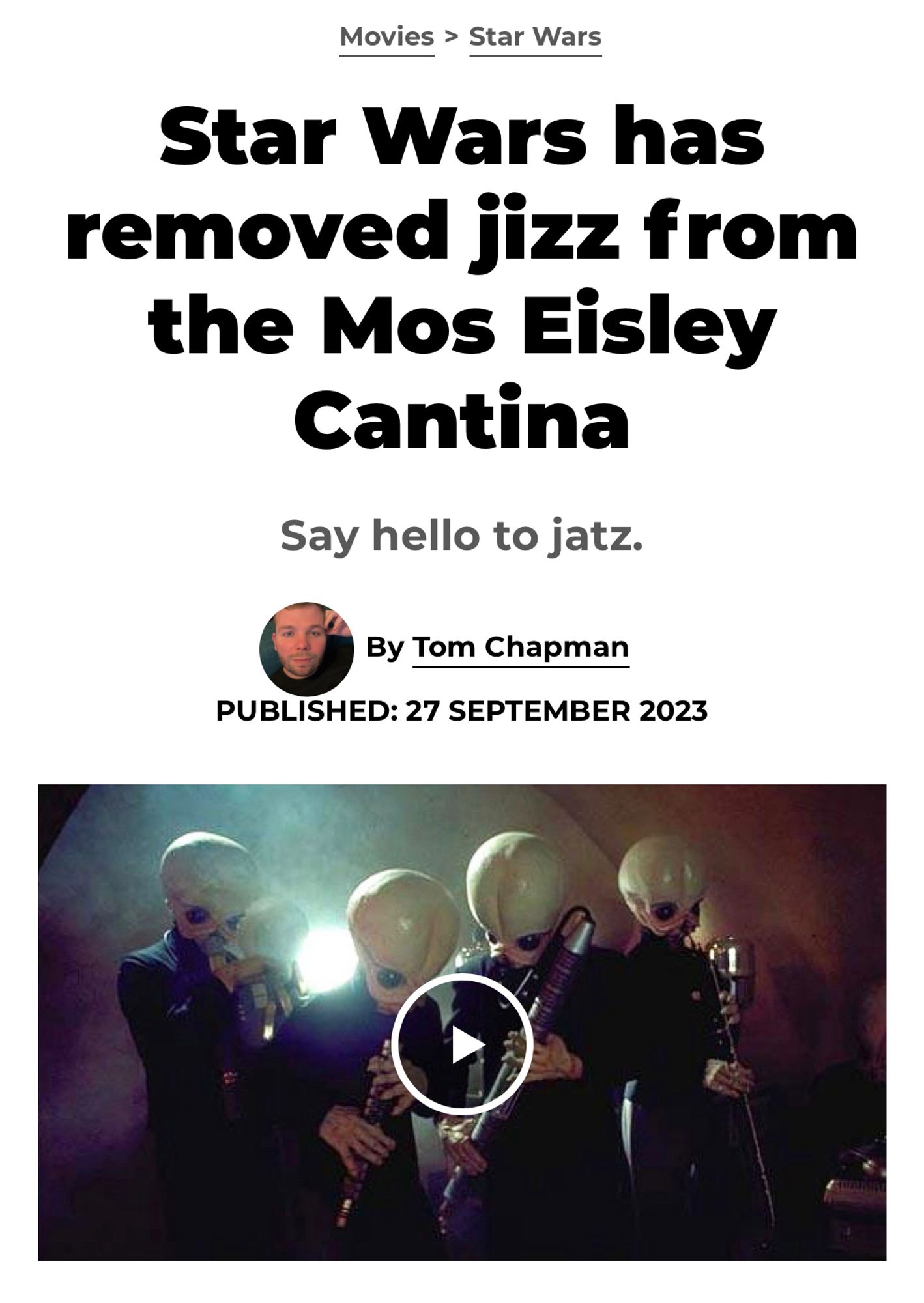 Headline which reads: “Star Wars has removed jizz from the Mos EisleyCantina”