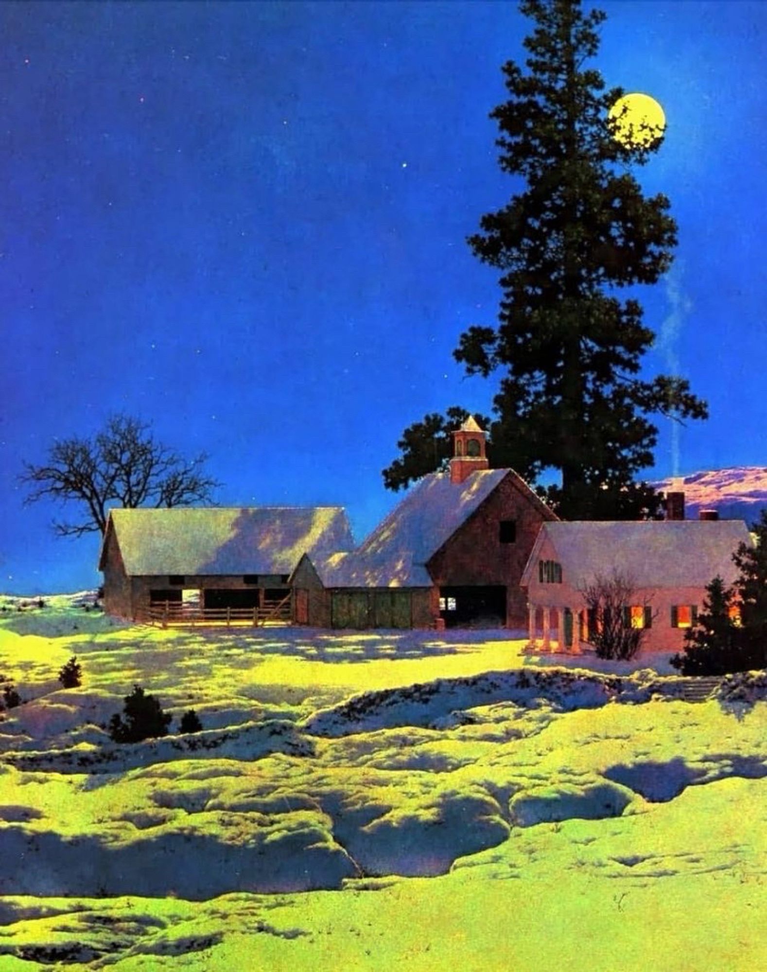 painting of a farm scene with intense moonlight hitting the snow