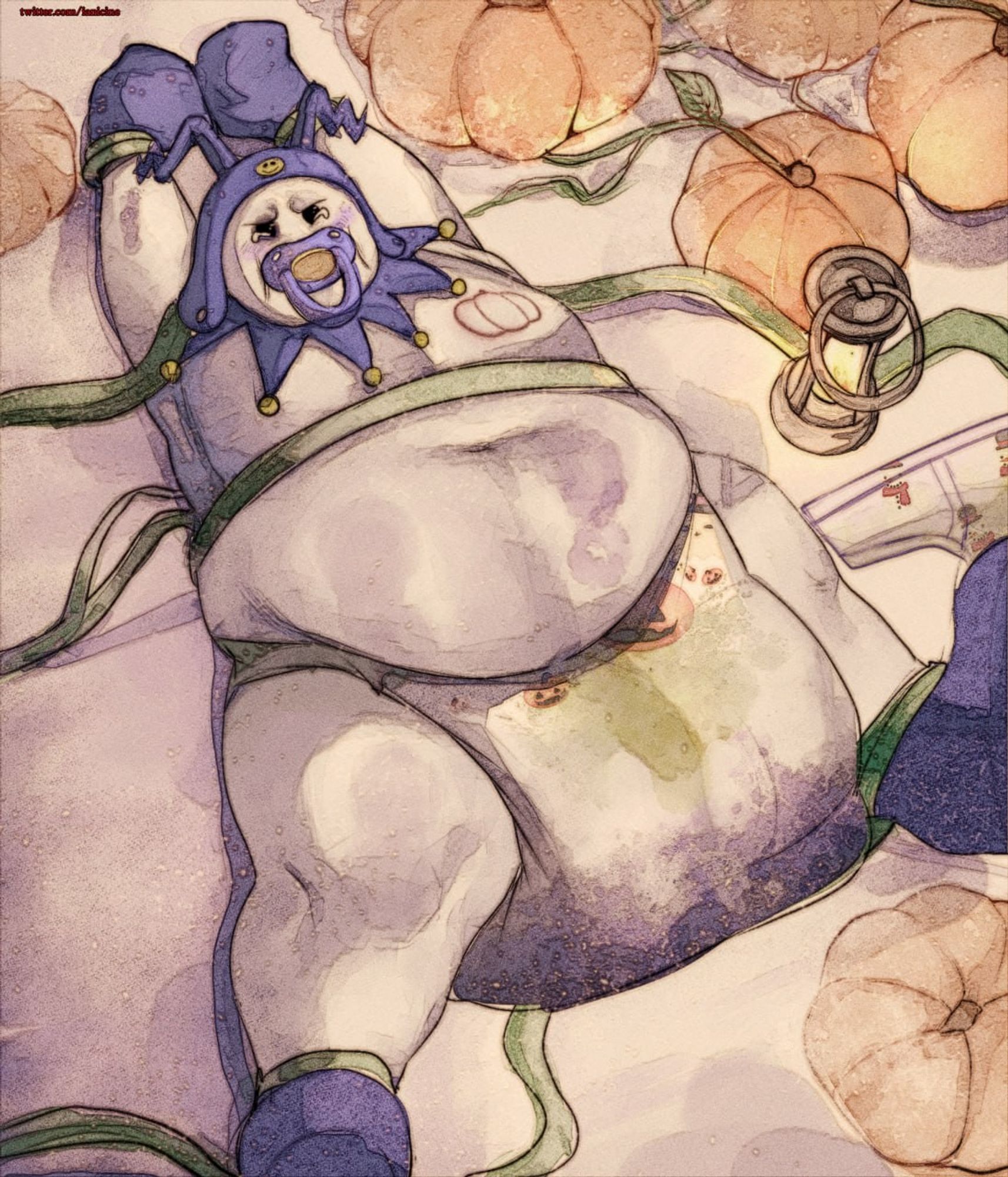 Art of Jack Frost, held in place on a snowy pumpkin patch with vines wrapped around his arms, legs, and stomach. He is dressed in his usual outfit, with a pumpkin branded onto his chest. His diaper is now full, with him crying as he suckles on the paci put into his mouth.