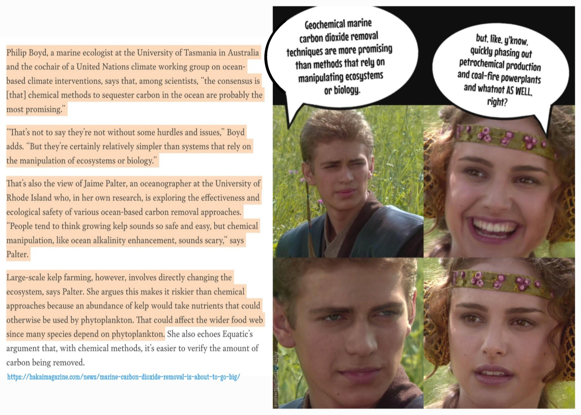 Article from the Hakai magazine titled:
"Marine Carbon Dioxide Removal is About to Go Big"
precedes the Anakin/Padme meme, wherein
Anakin, dryly states:
"Geochemical marine carbon dioxide removal techniques are more promising than methods that rely on manipulating ecosystems or biology." 

Padme, enthusiastically responds:
"but, like, y'know, quickly phasing out petrochemical production and coal-fire powerplants and whatnot AS WELL, right?" 

Whereupon Anakin is quietly noncommittal and Padme begins to suspect there's a lot less to be enthusiastic about.